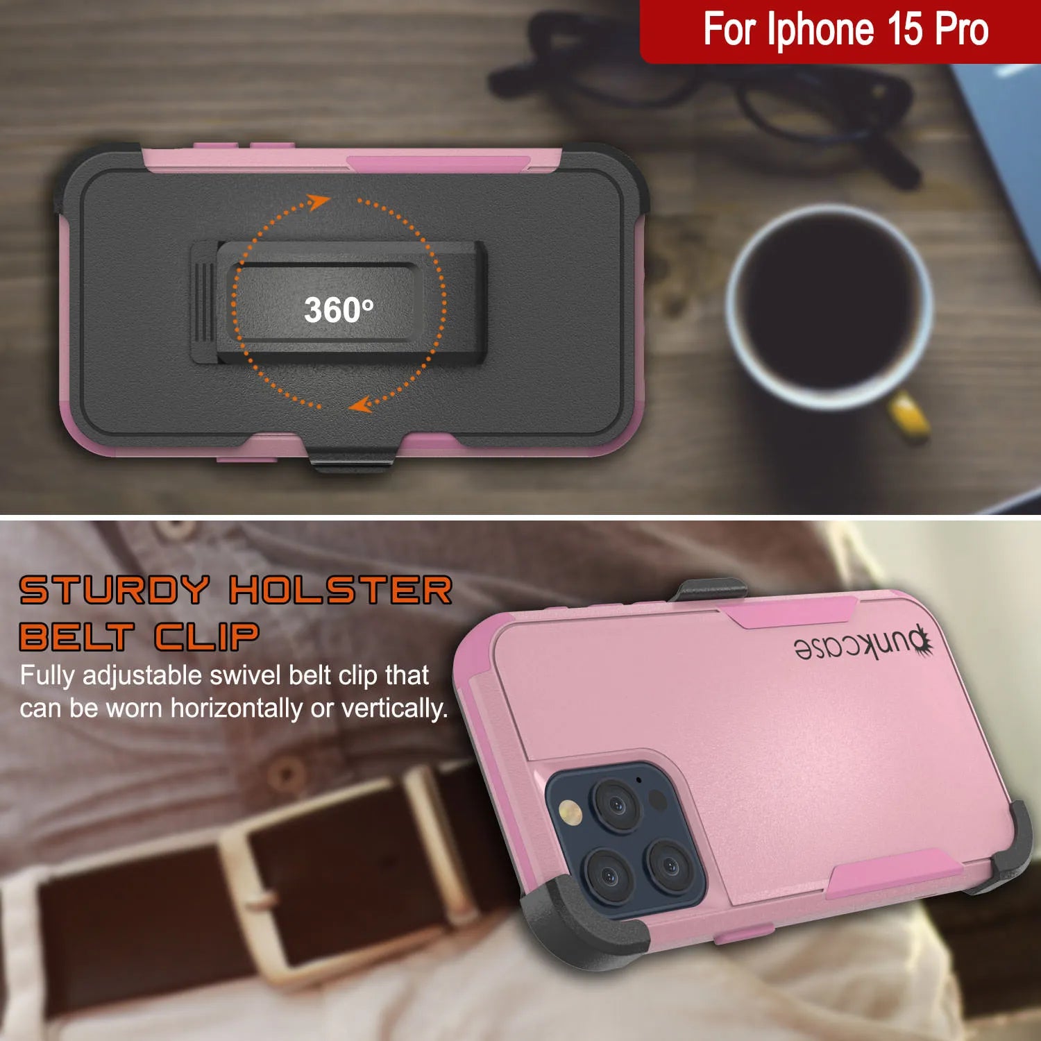 Punkcase for iPhone 15 Pro Belt Clip Multilayer Holster Case [Patron Series] [Pink]