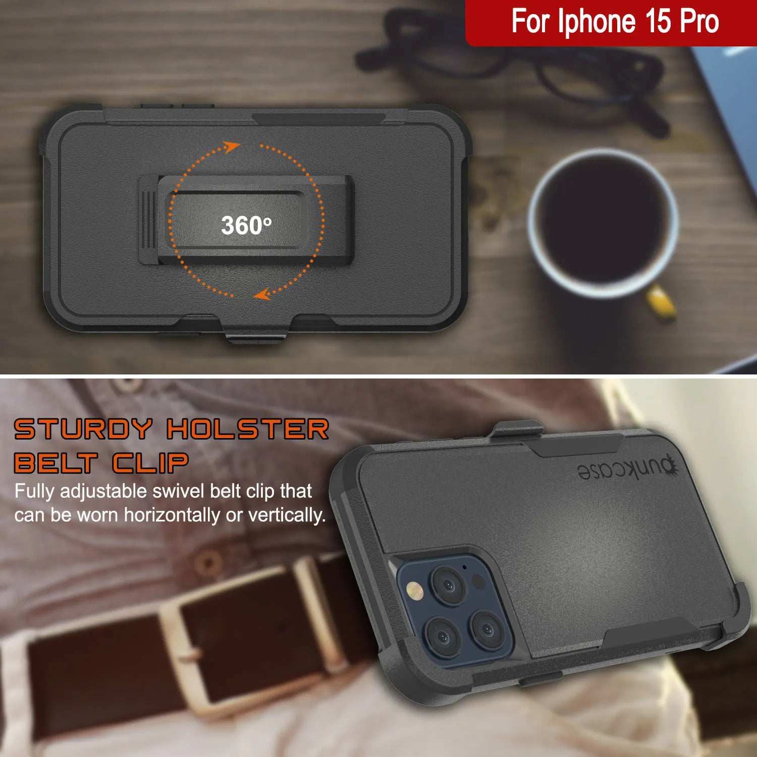 Punkcase for iPhone 15 Pro Belt Clip Multilayer Holster Case [Patron Series] [Black]