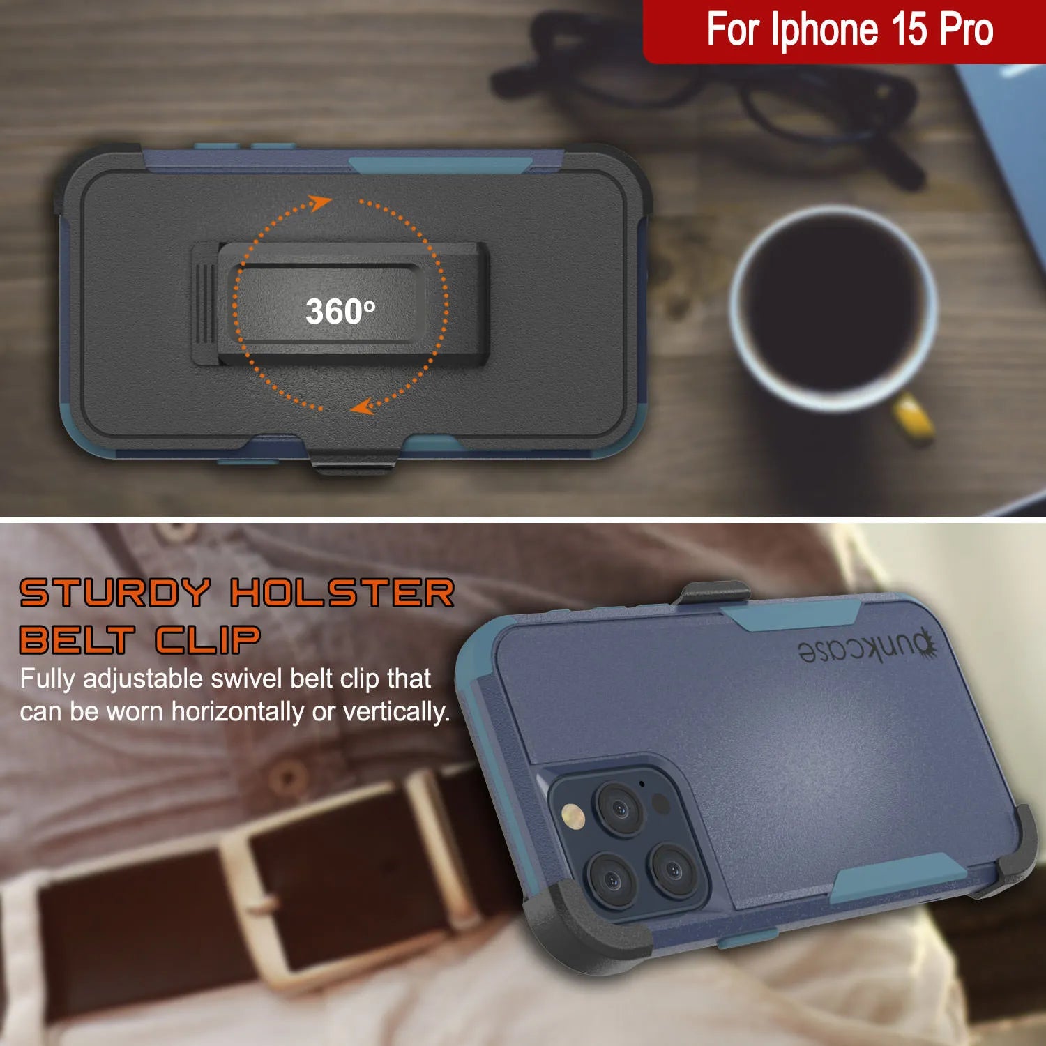 Punkcase for iPhone 15 Pro Belt Clip Multilayer Holster Case [Patron Series] [Navy Blue]