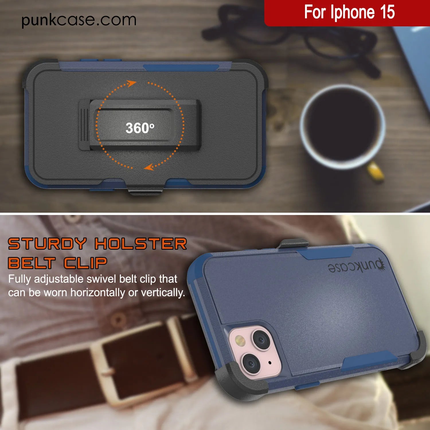 Punkcase for iPhone 15 Belt Clip Multilayer Holster Case [Patron Series] [Navy]