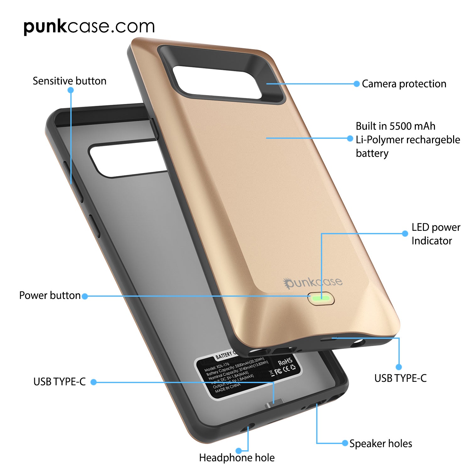 Galaxy Note 8 5000mAH Battery Charger W/ USB Port Slim Case [Gold]