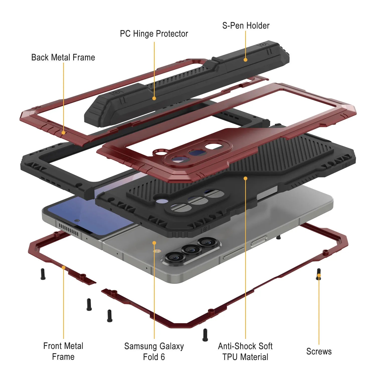 Galaxy Z Fold6 Metal Case, Heavy Duty Military Grade Armor Cover Full Body Hard [Red]