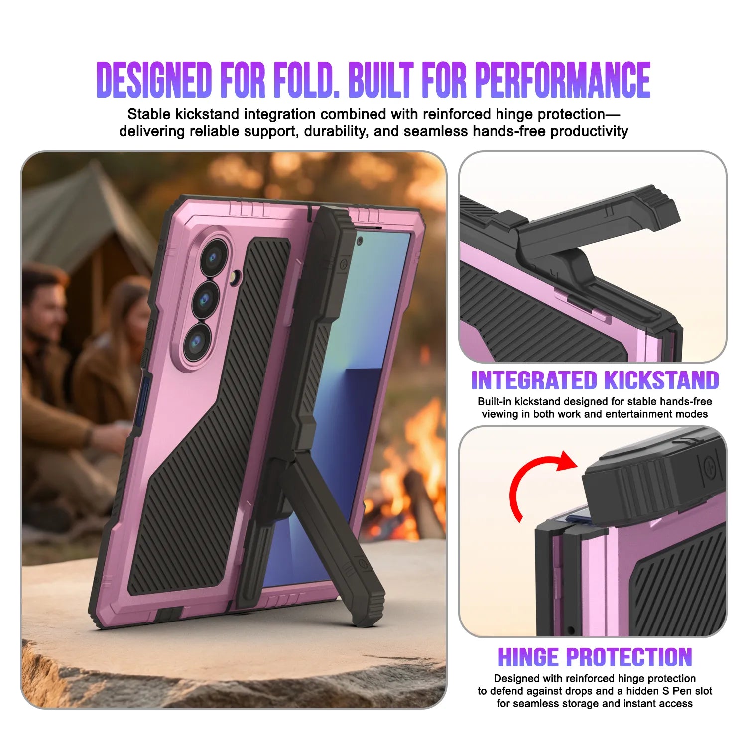 Galaxy Z Fold7 Metal Case, Heavy Duty Military Grade Armor Cover Full Body Hard [Pink]