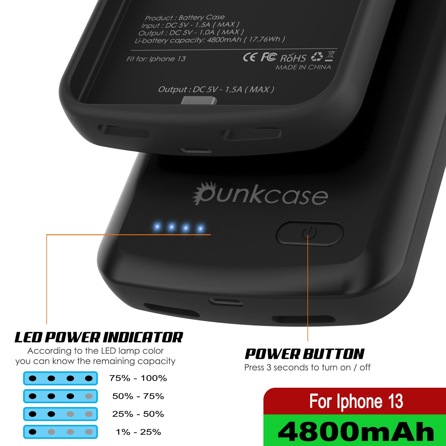 iPhone 13 Battery Case, PunkJuice 4800mAH Fast Charging Power Bank W/ Screen Protector | [Black]