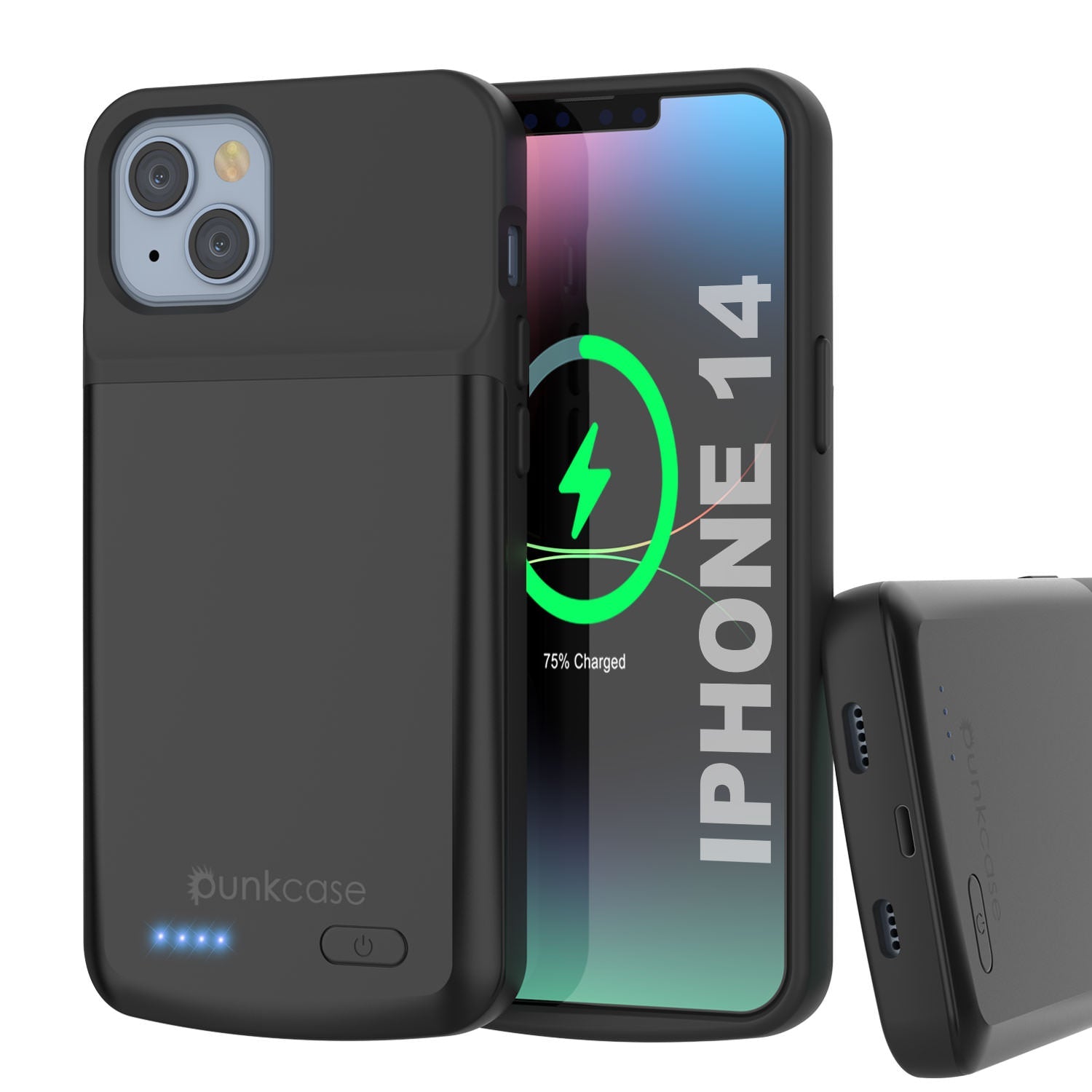 iPhone 14 Battery Case, PunkJuice 4800mAH Fast Charging Power Bank W/ Screen Protector | [Black]