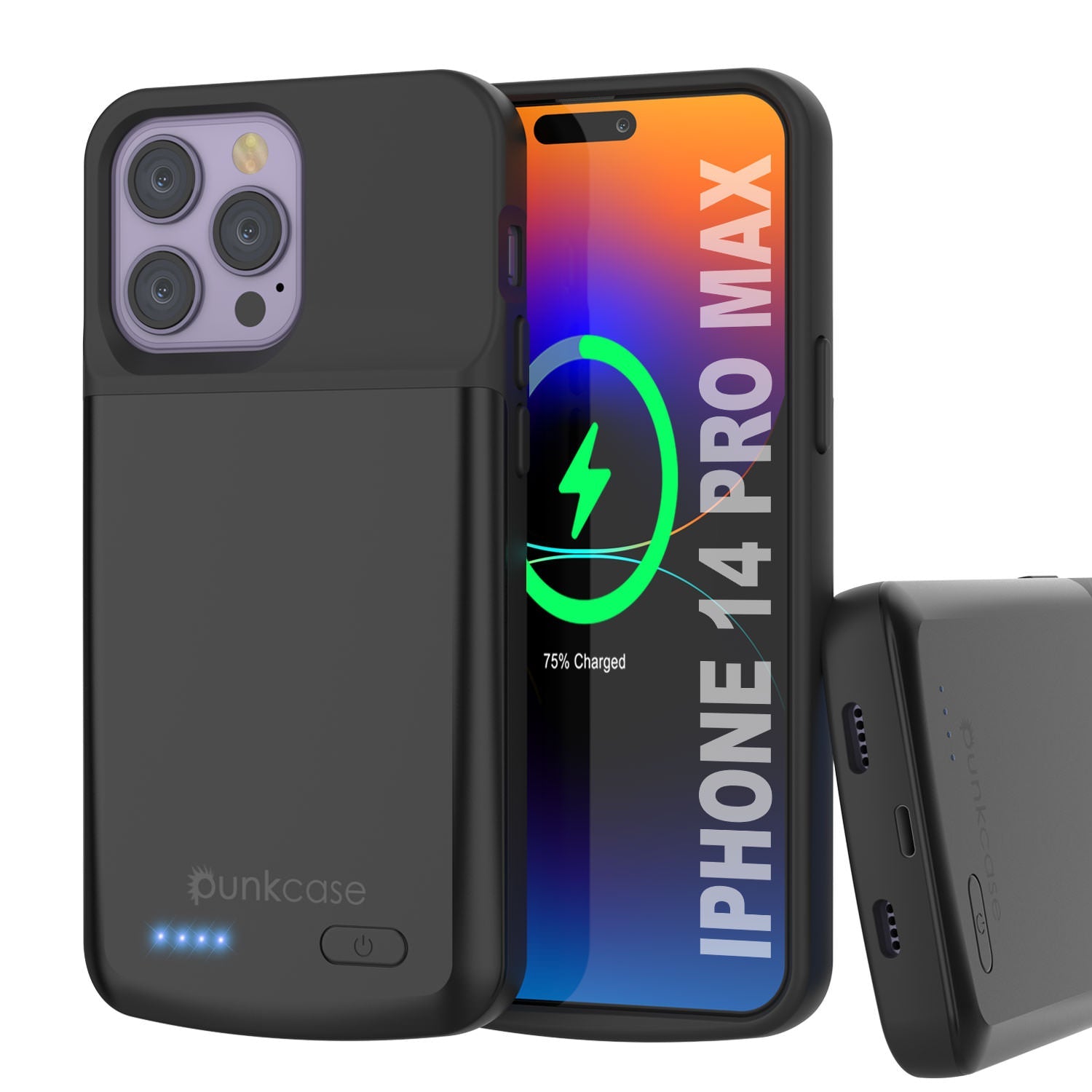 iPhone 14 Pro Max Battery Case, PunkJuice 4800mAH Fast Charging Power Bank W/ Screen Protector | [Black]