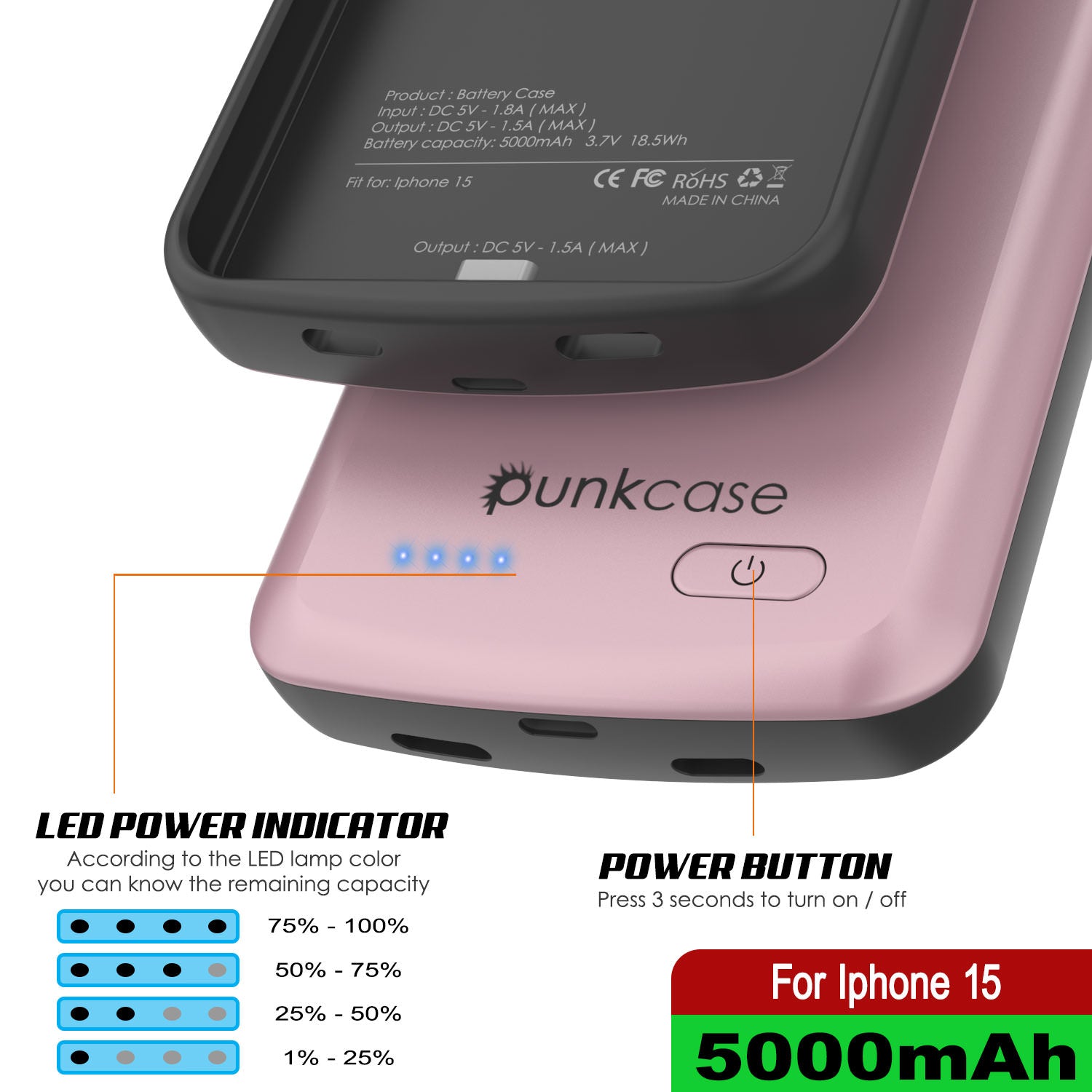 iPhone 15 Battery Case, PunkJuice 5000mAH Fast Charging Power Bank W/ Screen Protector | [Rose-Gold]