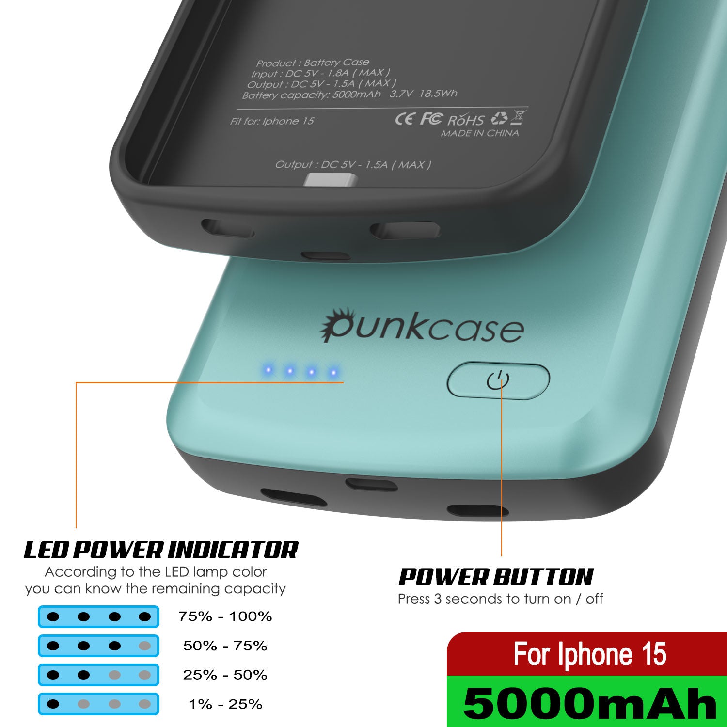 iPhone 15 Battery Case, PunkJuice 5000mAH Fast Charging Power Bank W/ Screen Protector | [Teal]