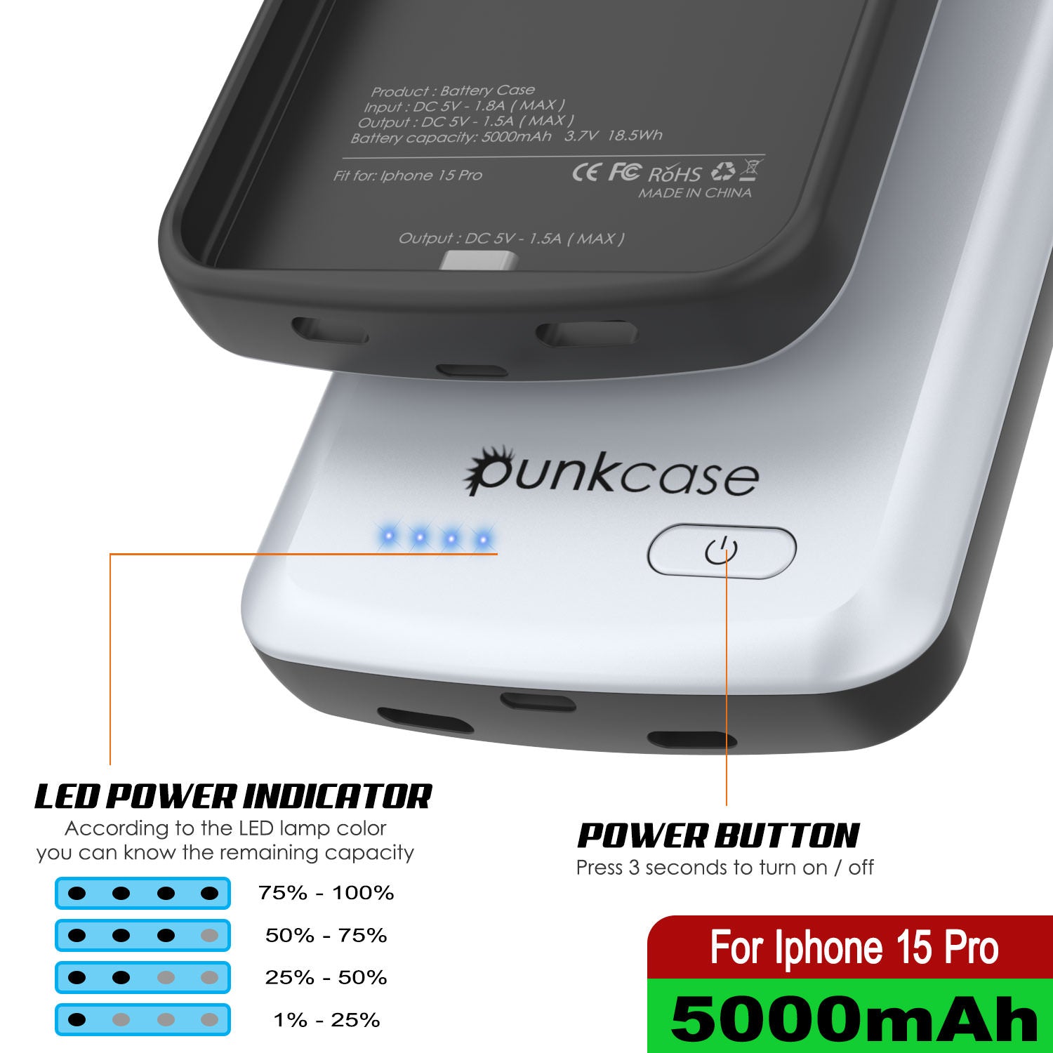 iPhone 15 Pro Battery Case, PunkJuice 5000mAH Fast Charging Power Bank W/ Screen Protector | [White]