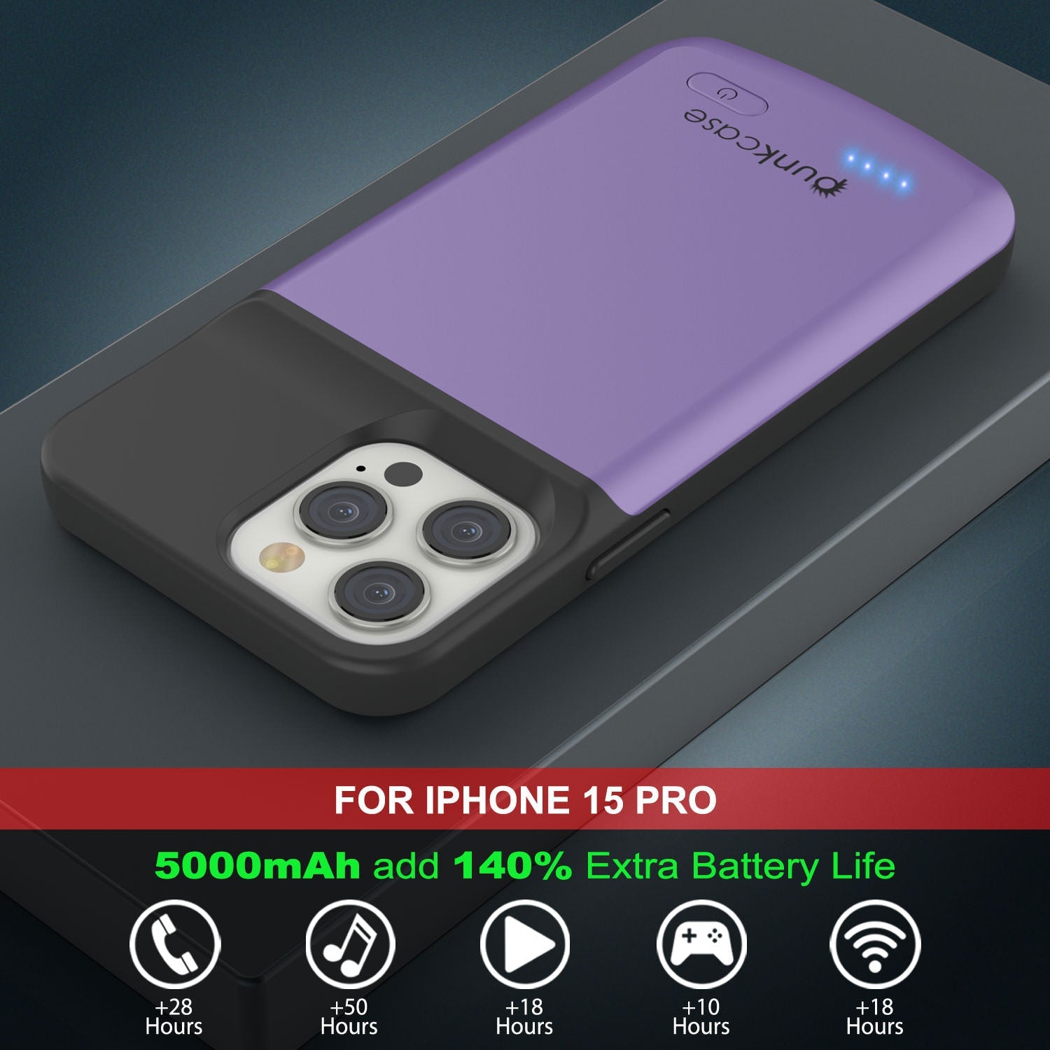 iPhone 15 Pro Battery Case, PunkJuice 5000mAH Fast Charging Power Bank W/ Screen Protector | [Purple]