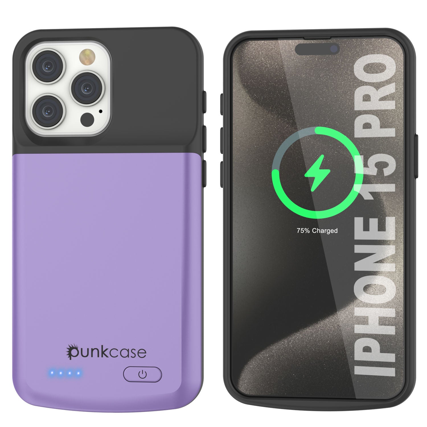 iPhone 15 Pro Battery Case, PunkJuice 5000mAH Fast Charging Power Bank W/ Screen Protector | [Purple]