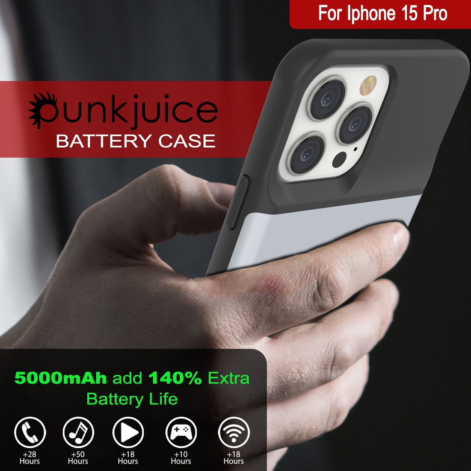 iPhone 15 Pro Battery Case, PunkJuice 5000mAH Fast Charging Power Bank W/ Screen Protector | [White]