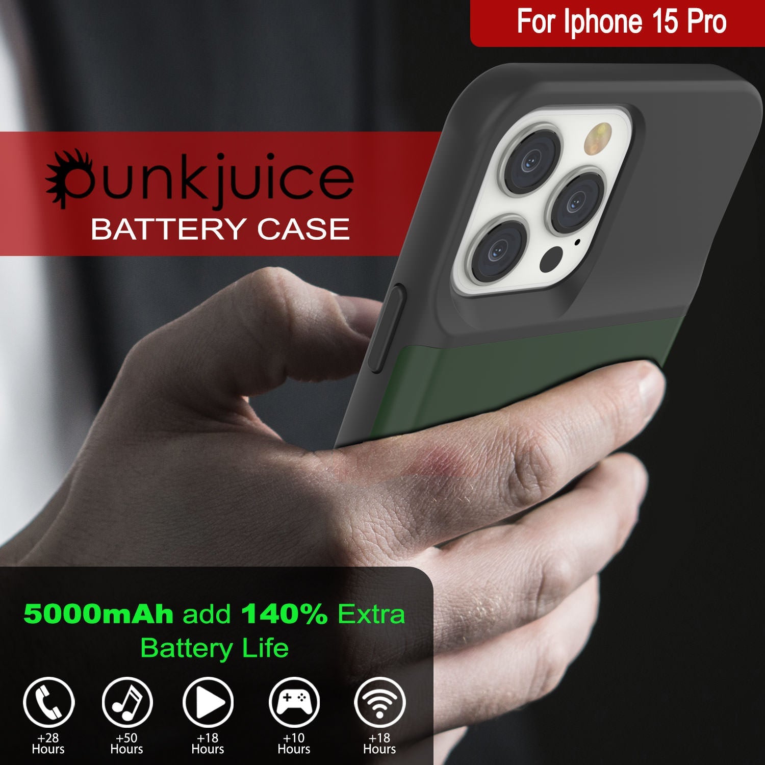 iPhone 15 Pro Battery Case, PunkJuice 5000mAH Fast Charging Power Bank W/ Screen Protector | [Green]