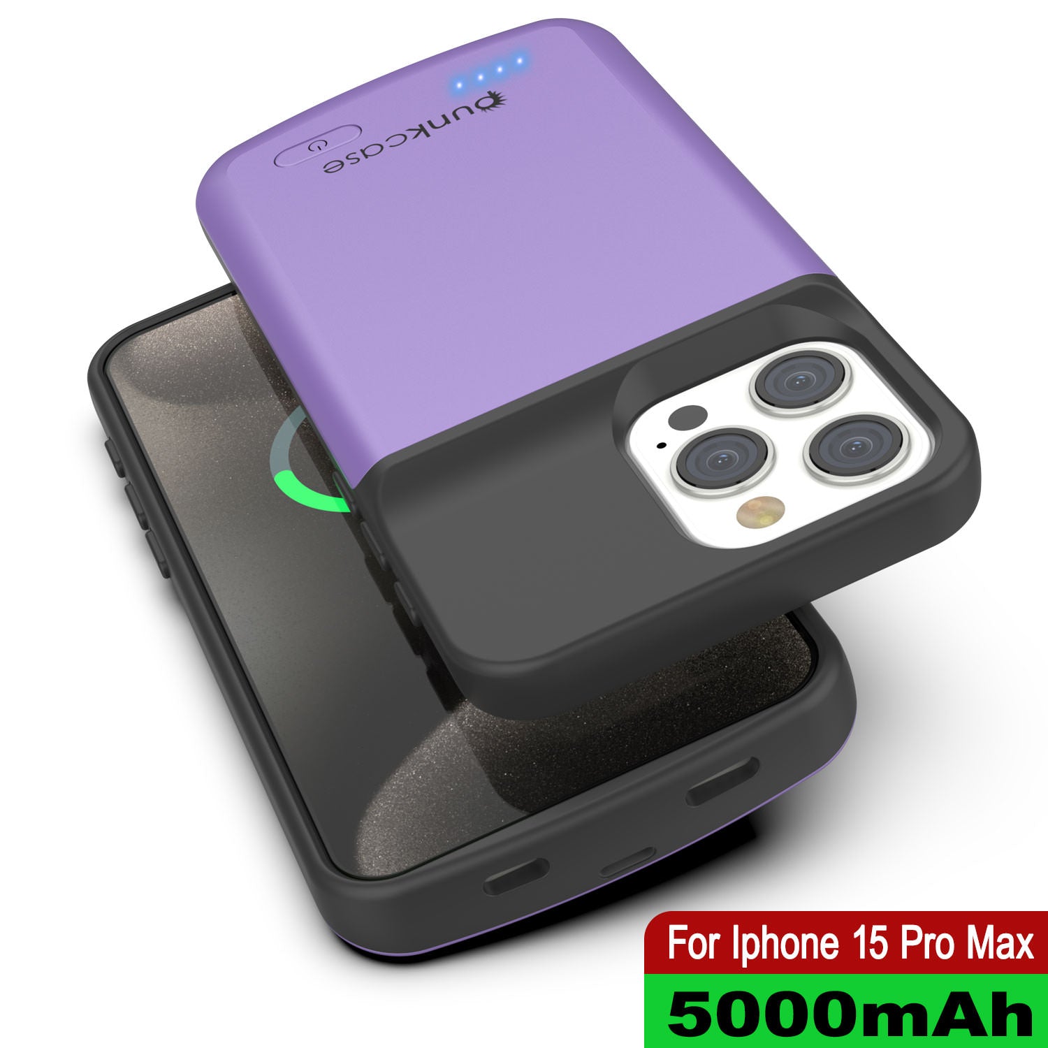 iPhone 15 Pro Max Battery Case, PunkJuice 5000mAH Fast Charging Power Bank W/ Screen Protector | [Purple]