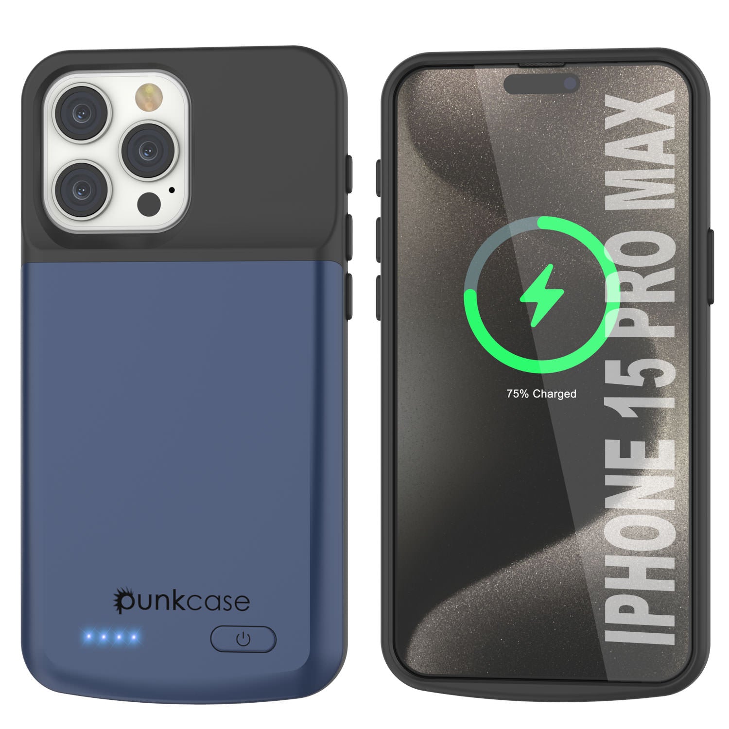 iPhone 15 Pro Max Battery Case, PunkJuice 5000mAH Fast Charging Power Bank W/ Screen Protector | [Navy Blue]