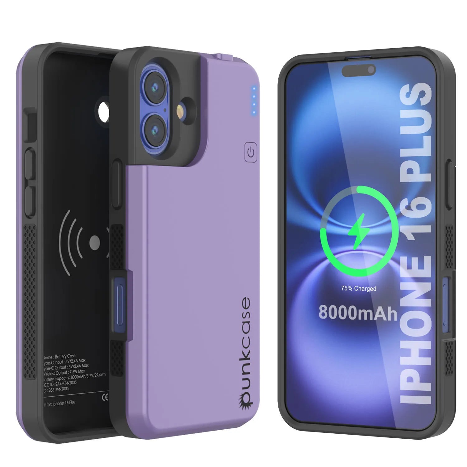 iPhone 16 Plus Battery Case, PunkJuice 8000mAH Fast Charging MagSafe Power Bank W/ Screen Protector | [Purple]