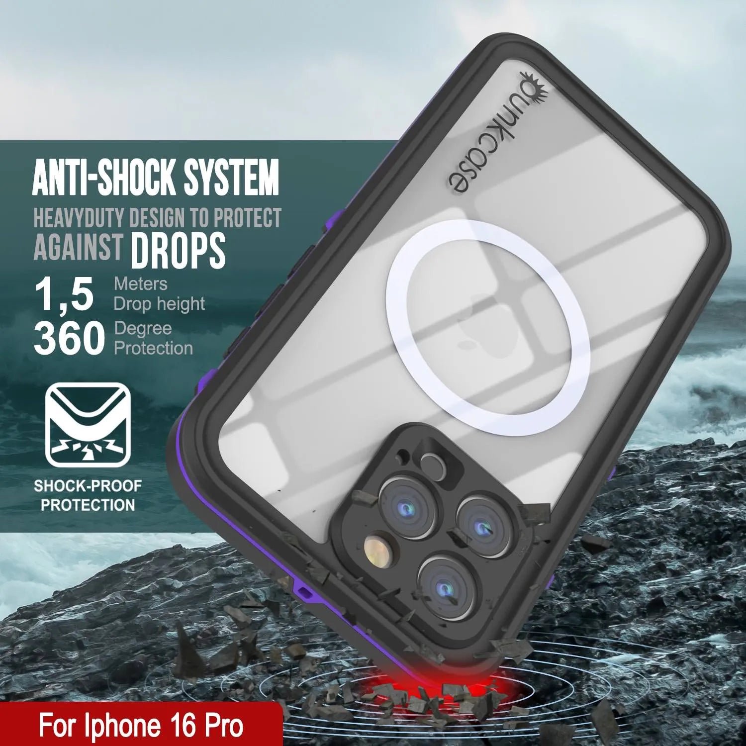 iPhone 16 Pro Waterproof Case, Punkcase SpikeStar Purple Series | Thin Fit 6.6ft Underwater IP68
