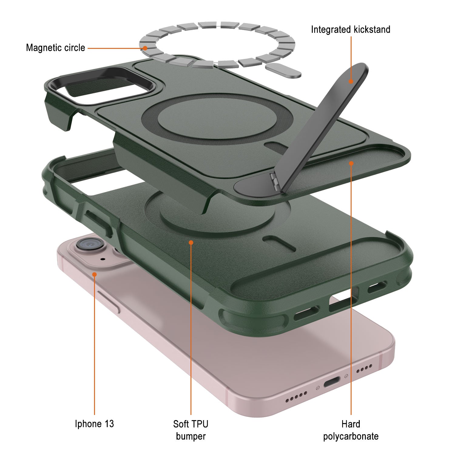 PunkCase iPhone 13 Case, [Spartan X Series] Rugged Heavy Duty Cover W/Kickstand+MagRing [dark green]