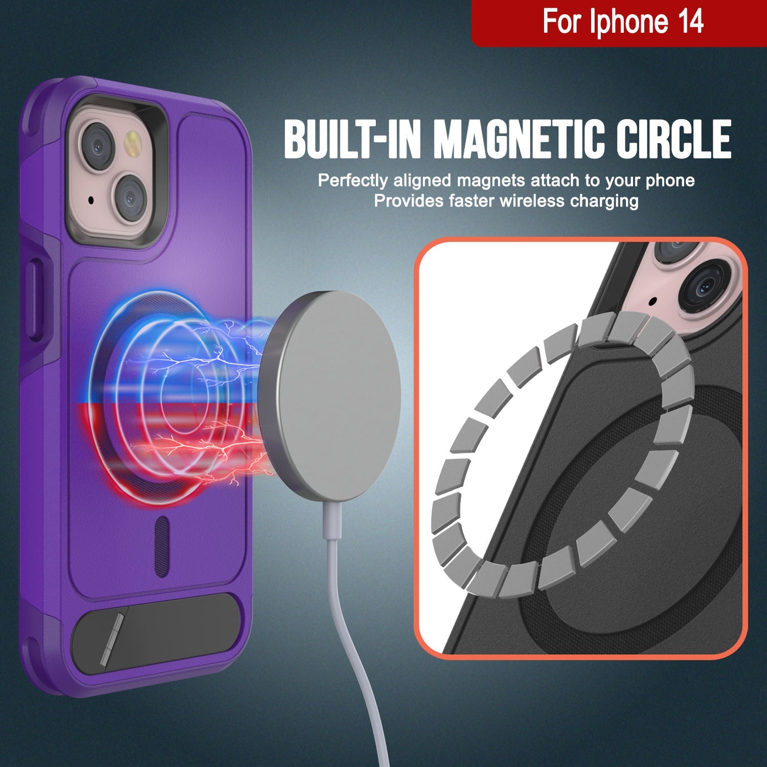 PunkCase iPhone 14 Case, [Spartan X Series] Rugged Heavy Duty Cover W/Kickstand+MagRing [purple]