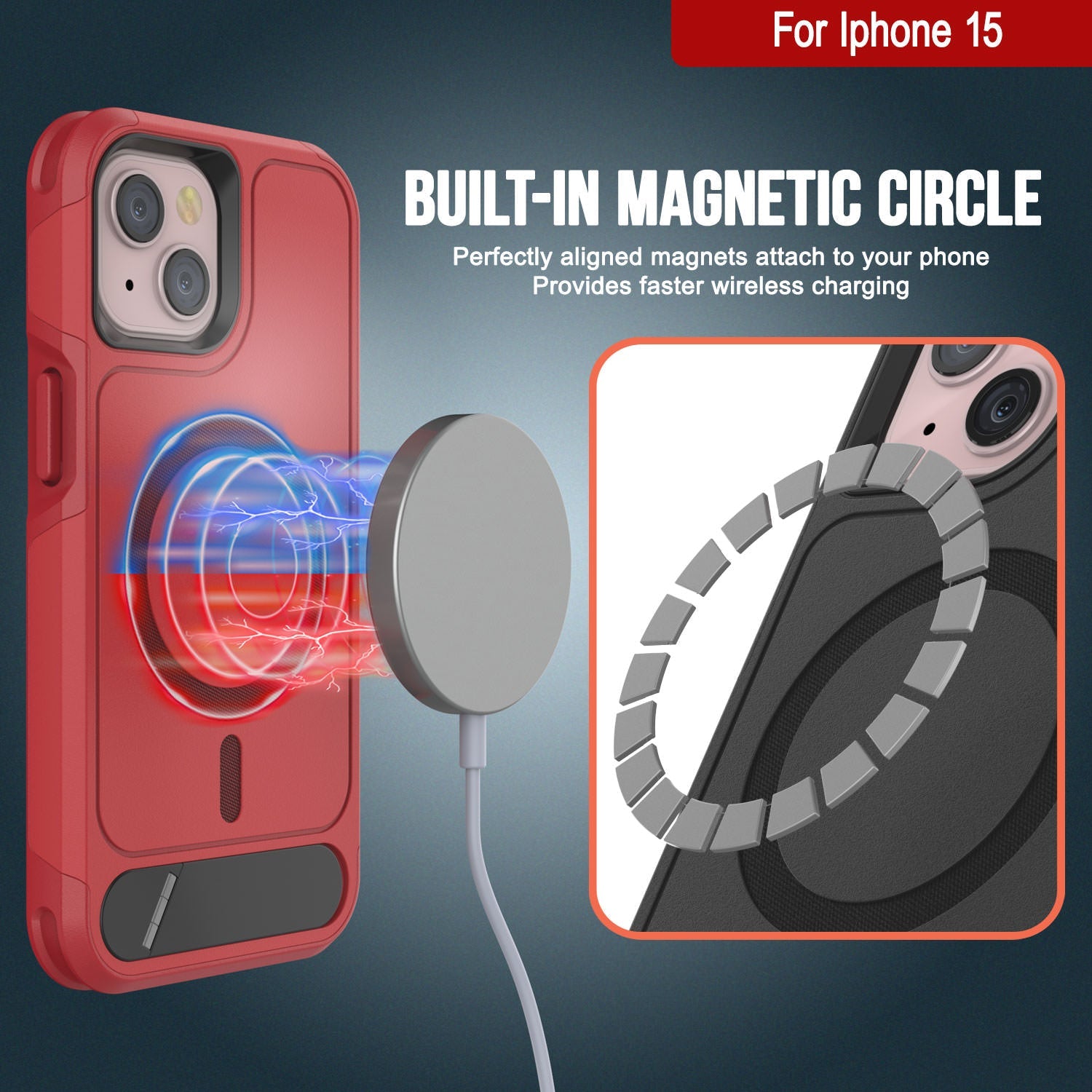 PunkCase iPhone 15 Case, [Spartan X Series] Rugged Heavy Duty Cover W/Kickstand+MagRing [red]