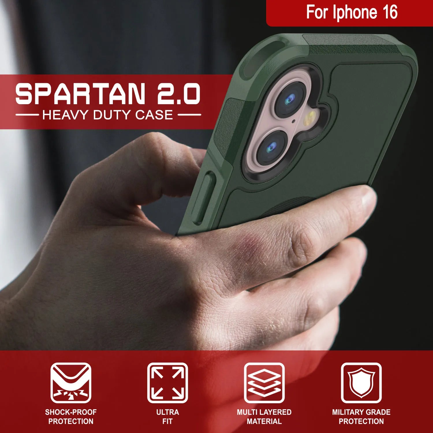 PunkCase iPhone 16 Case, [Spartan 2.0 Series] Clear Rugged Heavy Duty Cover W/Built in Screen Protector [dark green]