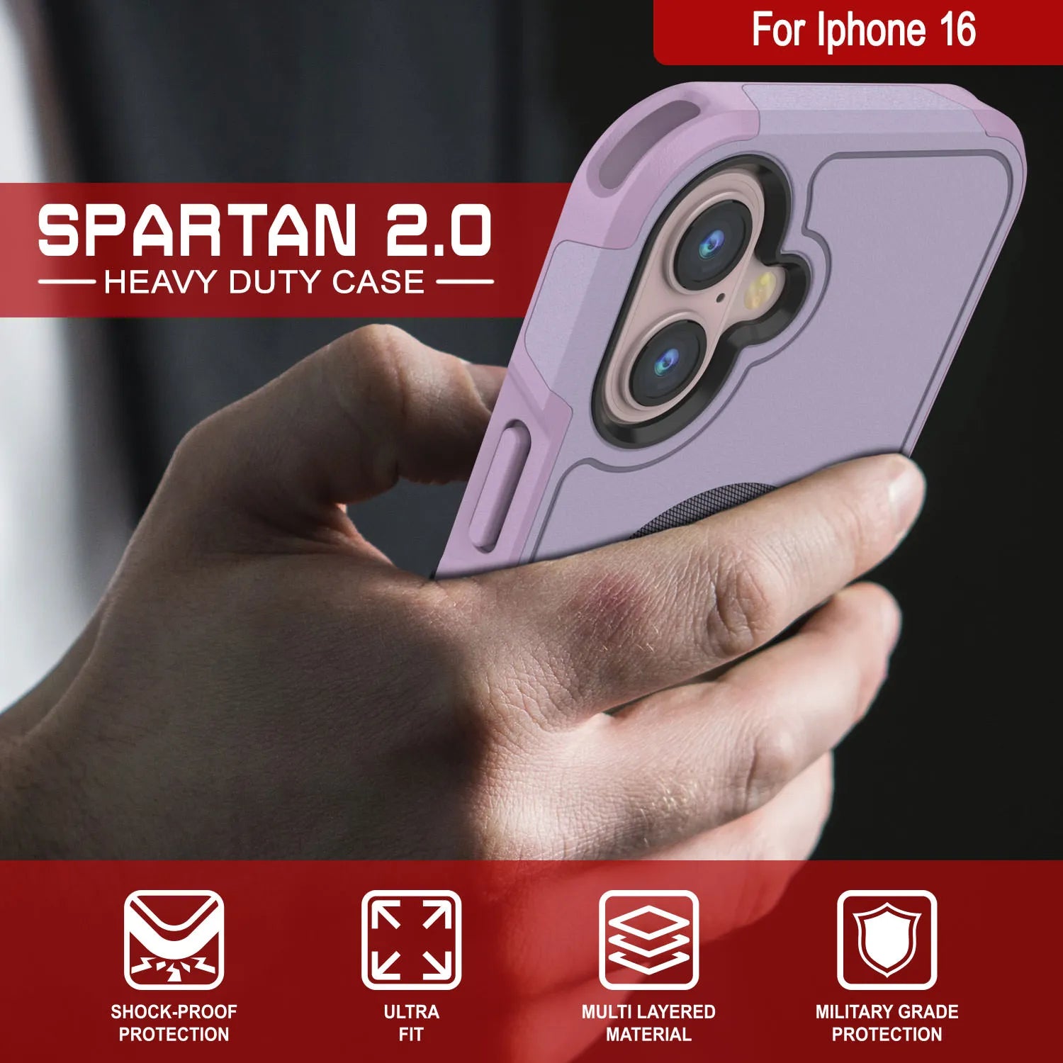 PunkCase iPhone 16 Case, [Spartan 2.0 Series] Clear Rugged Heavy Duty Cover W/Built in Screen Protector [lilac]