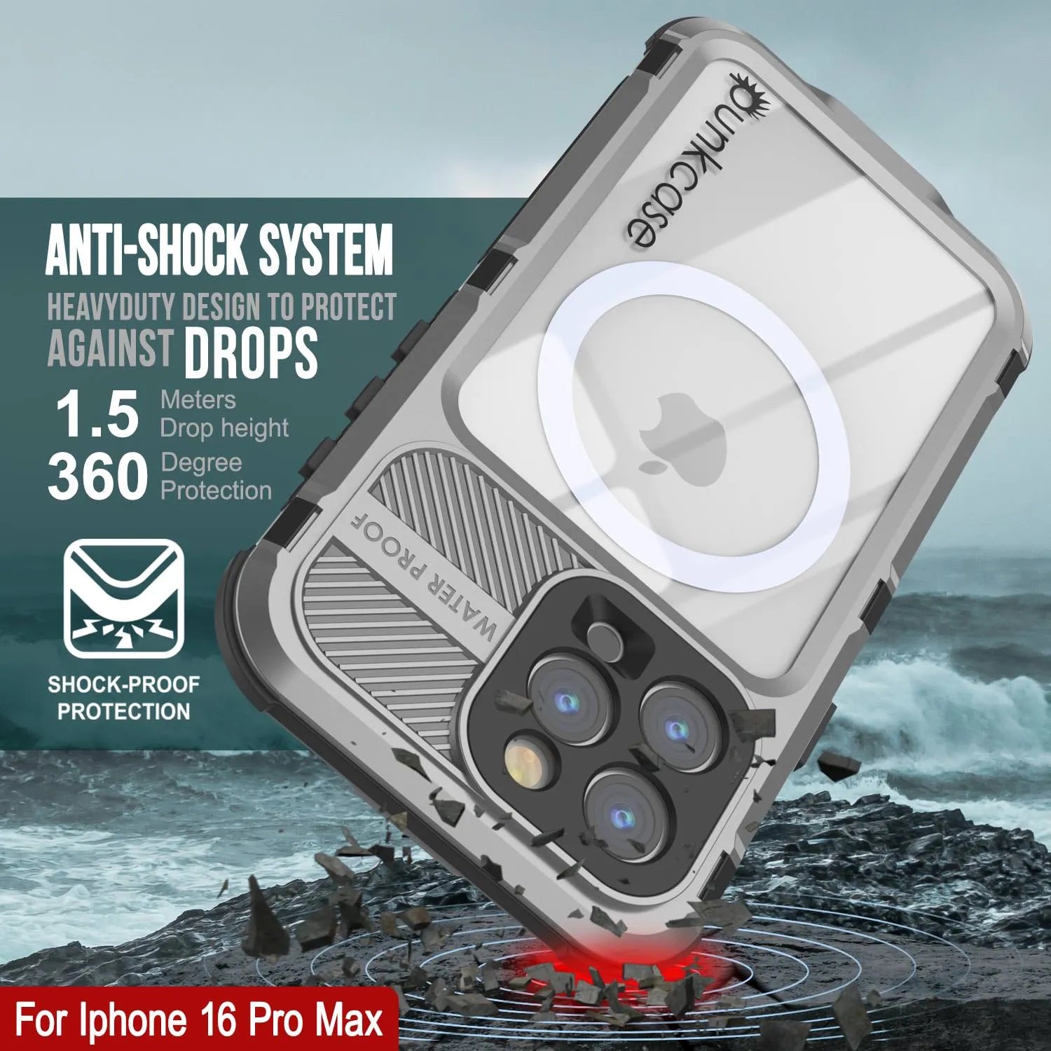 iPhone 16 Pro Max Metal Extreme 2.0 Series Aluminum Waterproof Case IP68 W/Buillt in Screen Protector [Silver]