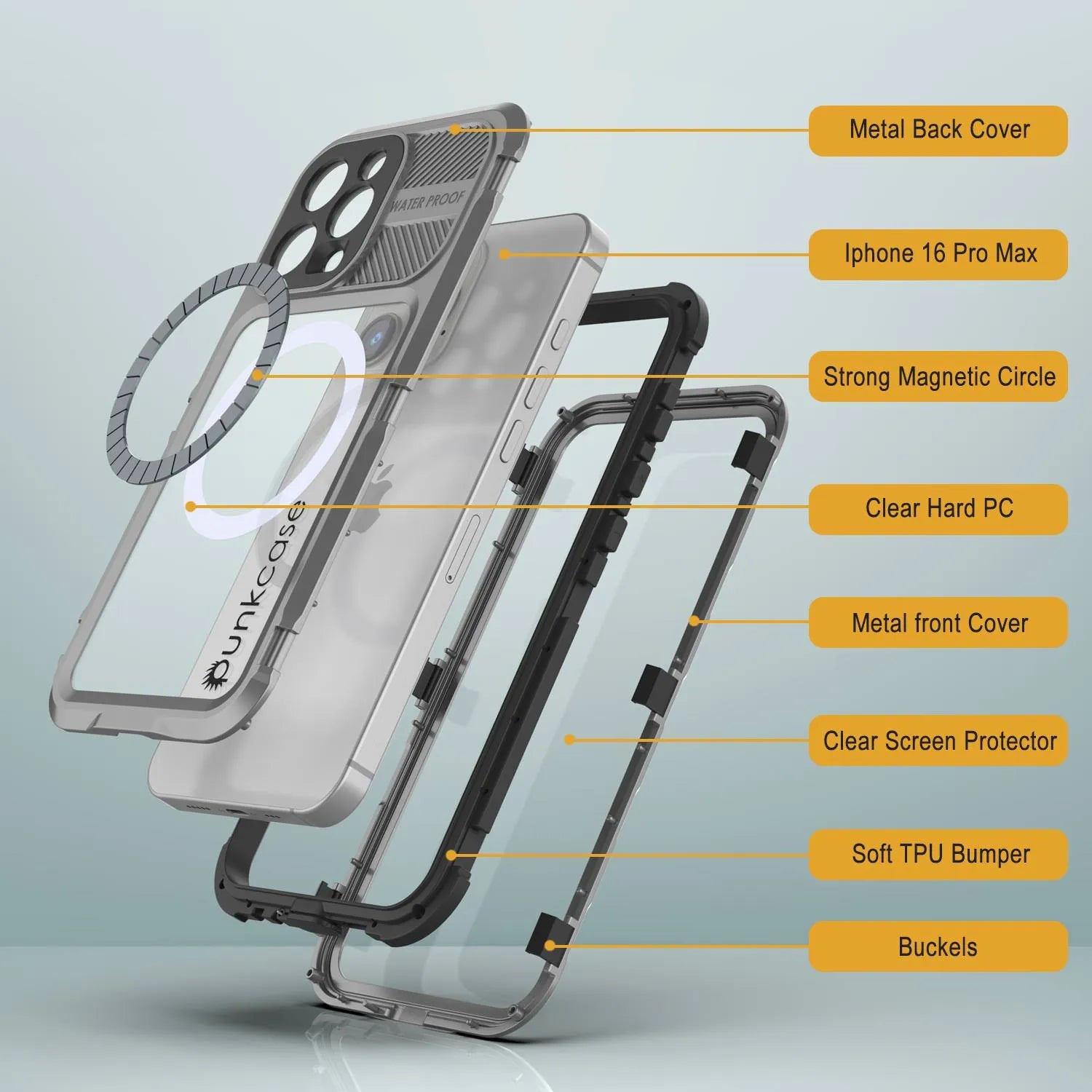 iPhone 16 Pro Max Metal Extreme 2.0 Series Aluminum Waterproof Case IP68 W/Buillt in Screen Protector [Silver]