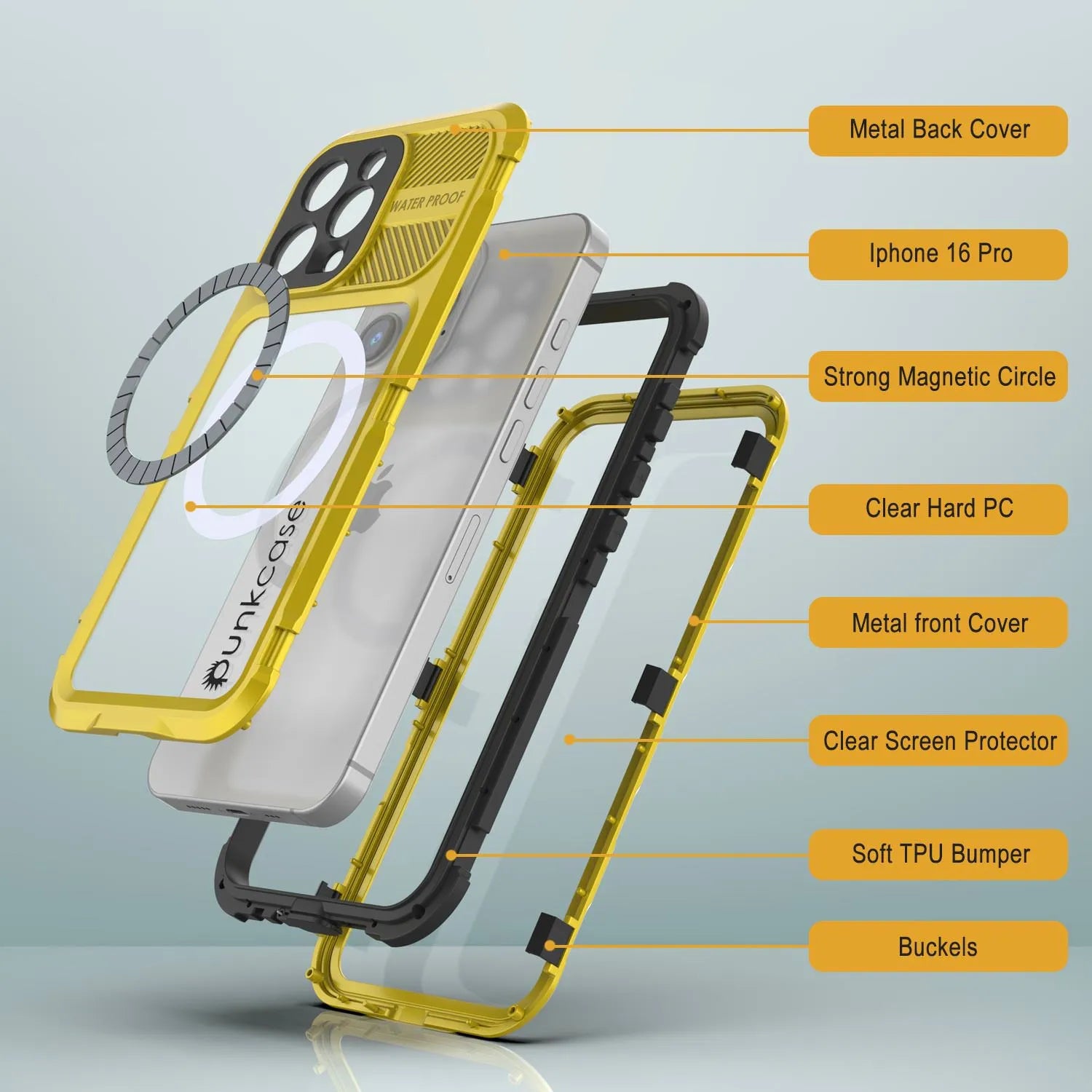 iPhone 16 Pro Metal Extreme 2.0 Series Aluminum Waterproof Case IP68 W/Buillt in Screen Protector [Yellow]