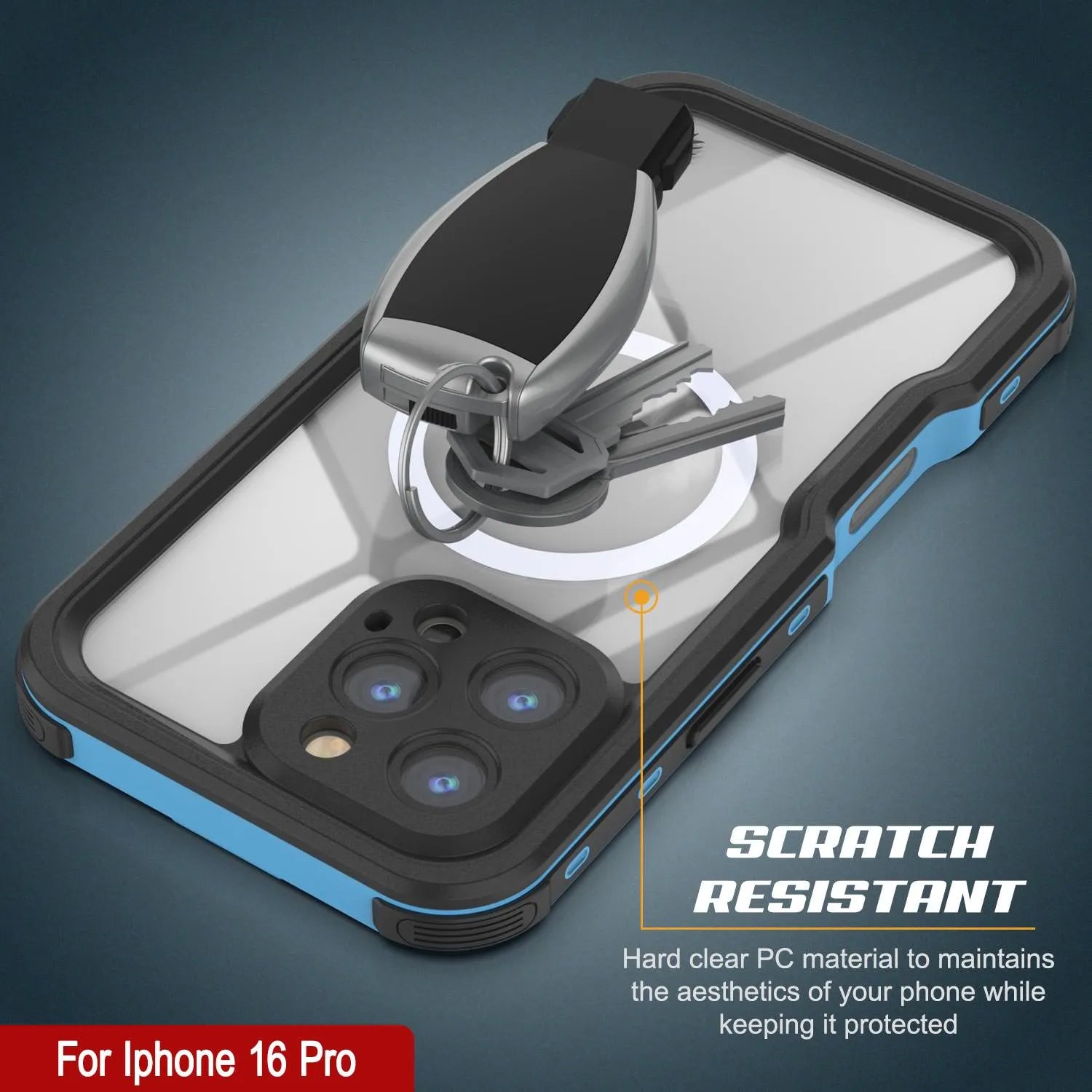 iPhone 16 Pro Waterproof IP68 Case, Punkcase [Light blue] [StudStar Series] [Slim Fit] [Dirtproof]