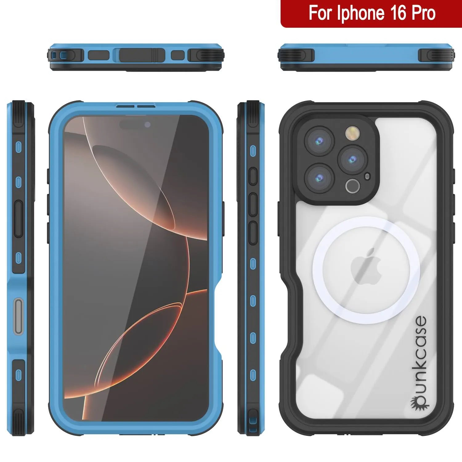 iPhone 16 Pro Waterproof IP68 Case, Punkcase [Light blue] [StudStar Series] [Slim Fit] [Dirtproof]