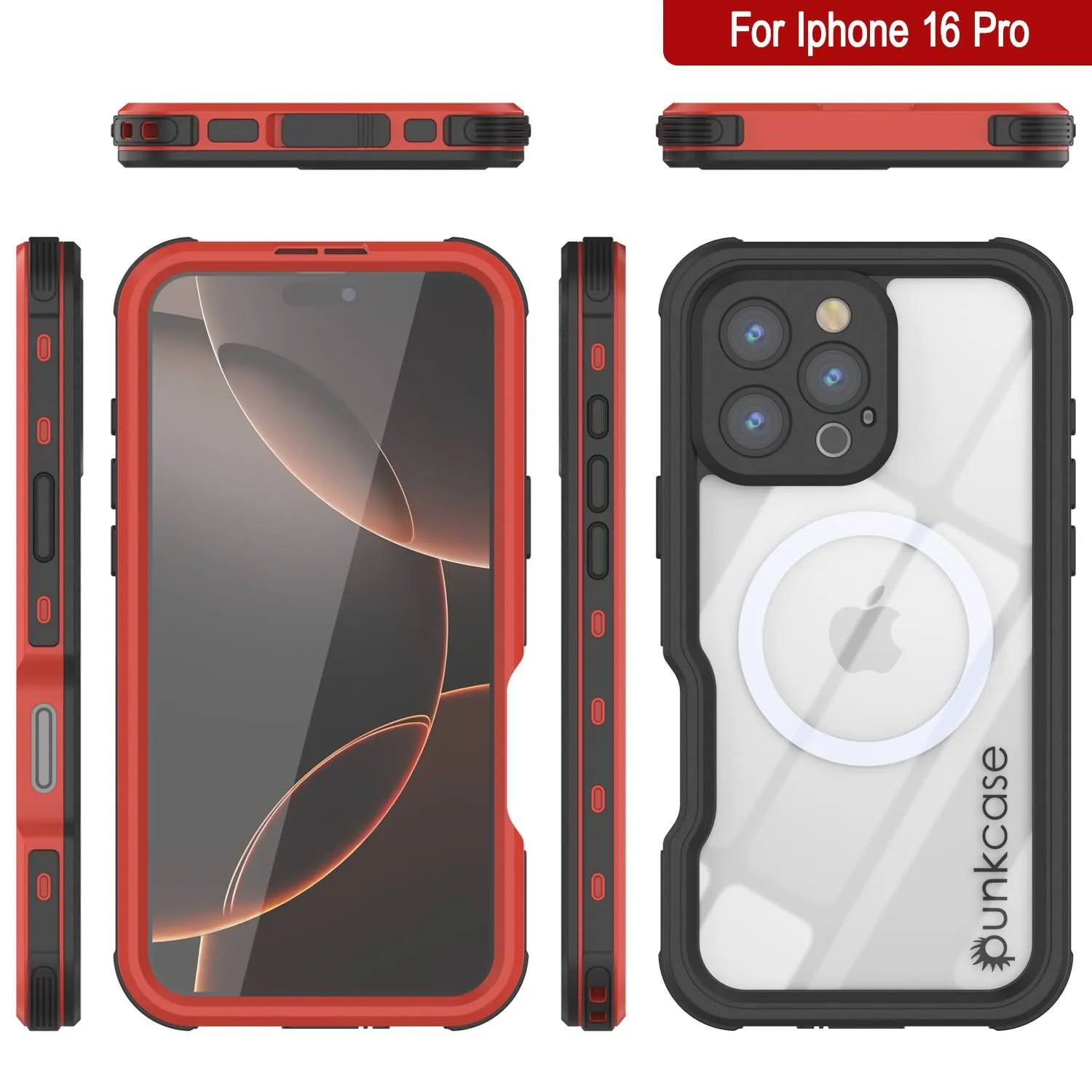 iPhone 16 Pro Waterproof IP68 Case, Punkcase [Red] [StudStar Series] [Slim Fit]