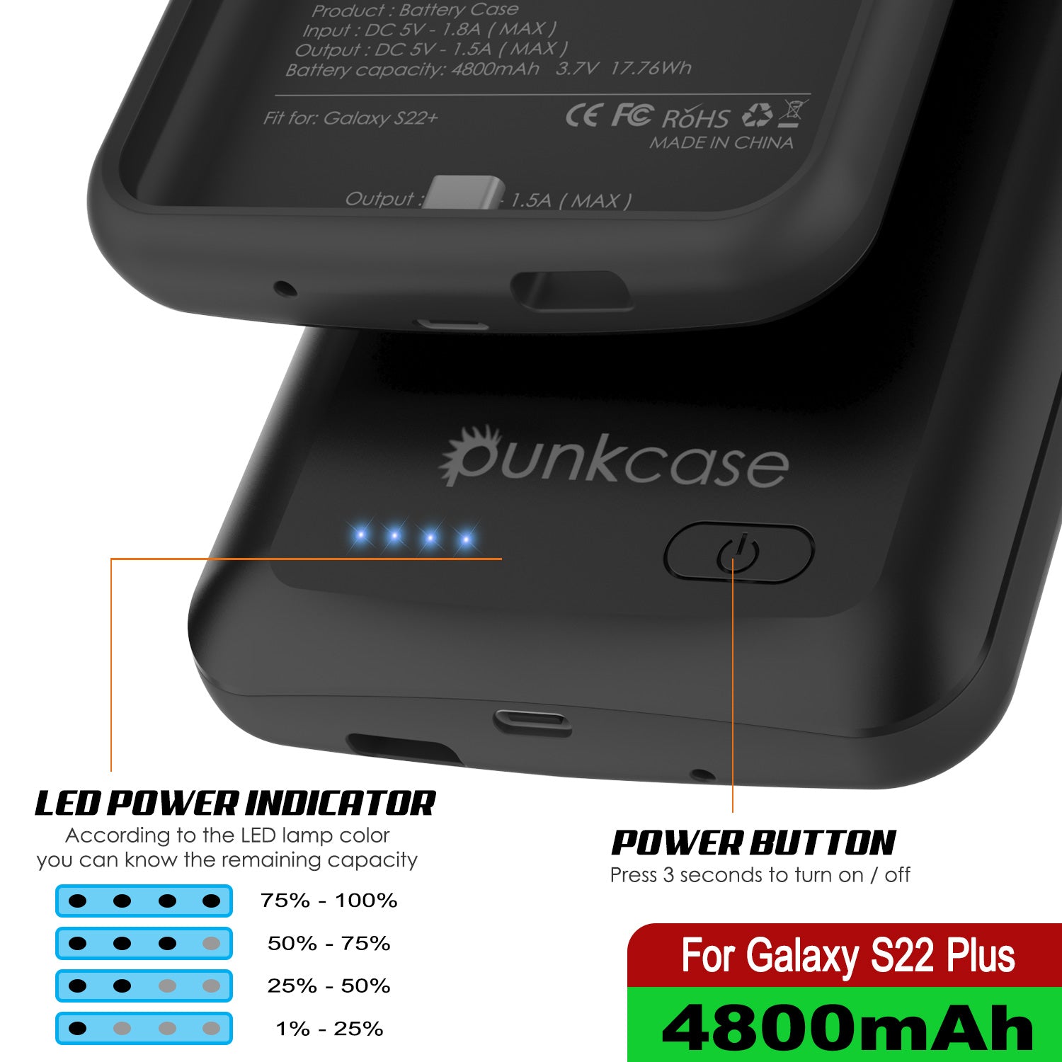 PunkJuice S22+ Plus Battery Case Black - Portable Charging Power Juice Bank with 4800mAh