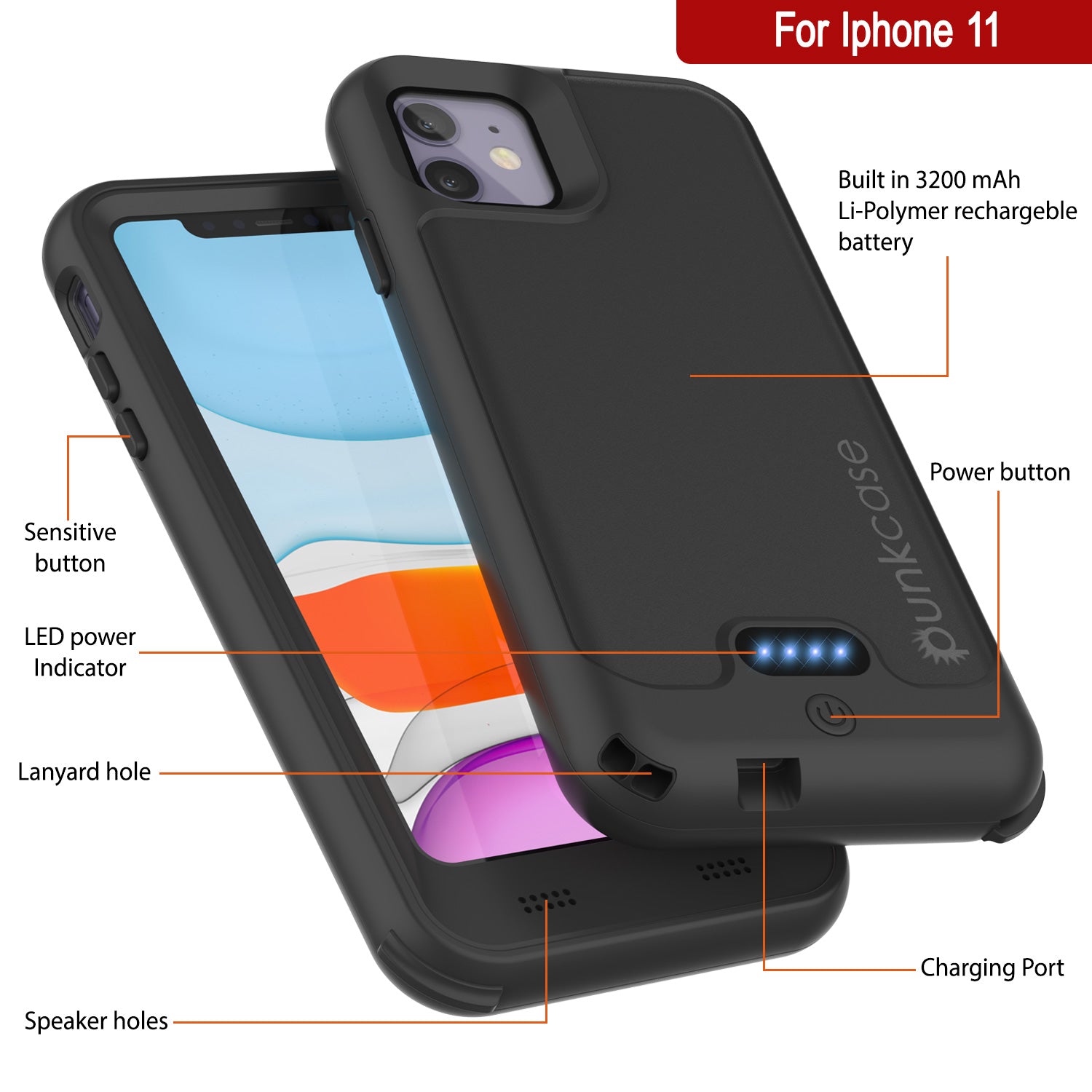 PunkJuice iPhone 11 Battery Case | Waterproof Slim 3200mAh [Black]