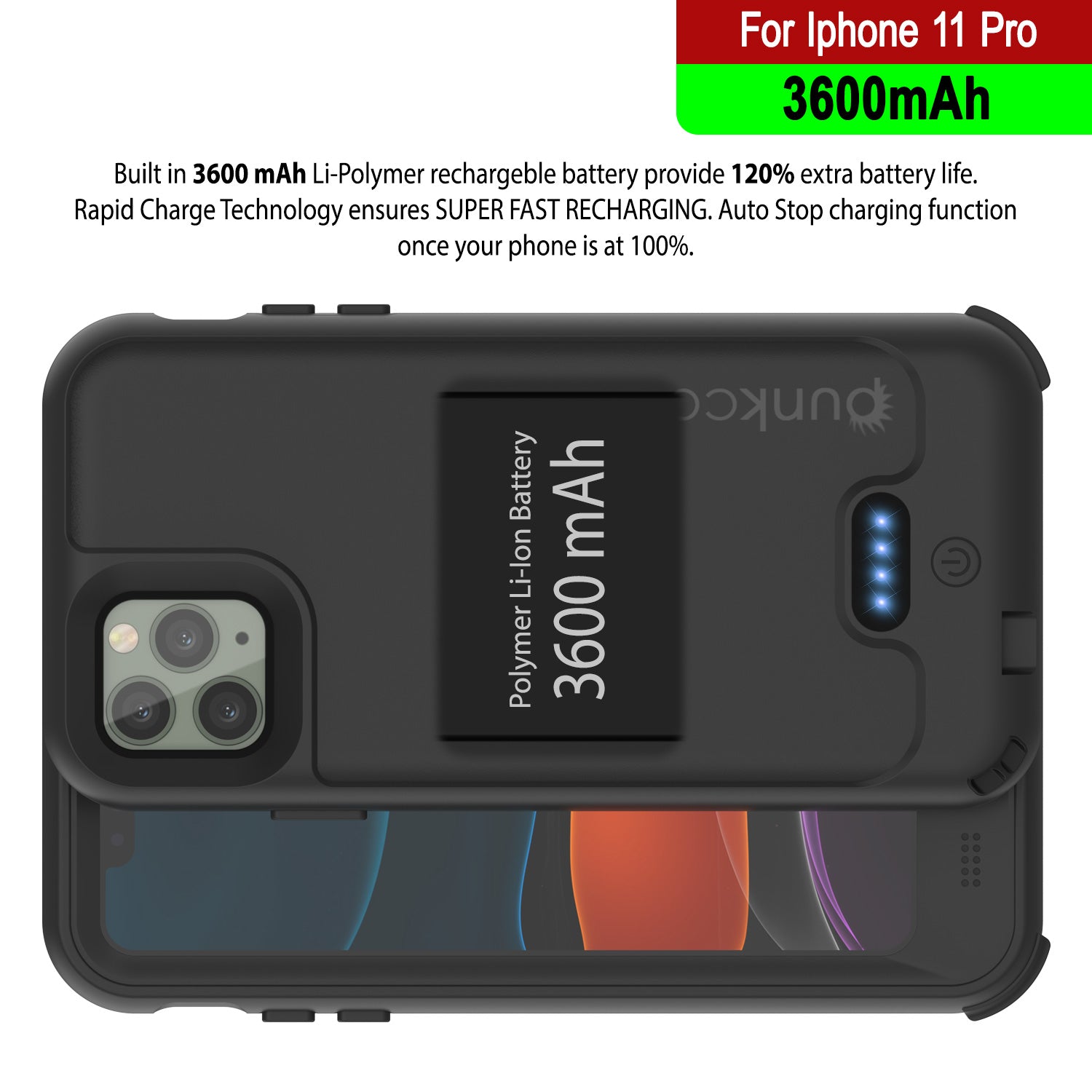 PunkJuice iPhone 11 Pro Battery Case | Waterproof Slim 3600mAh [Black]