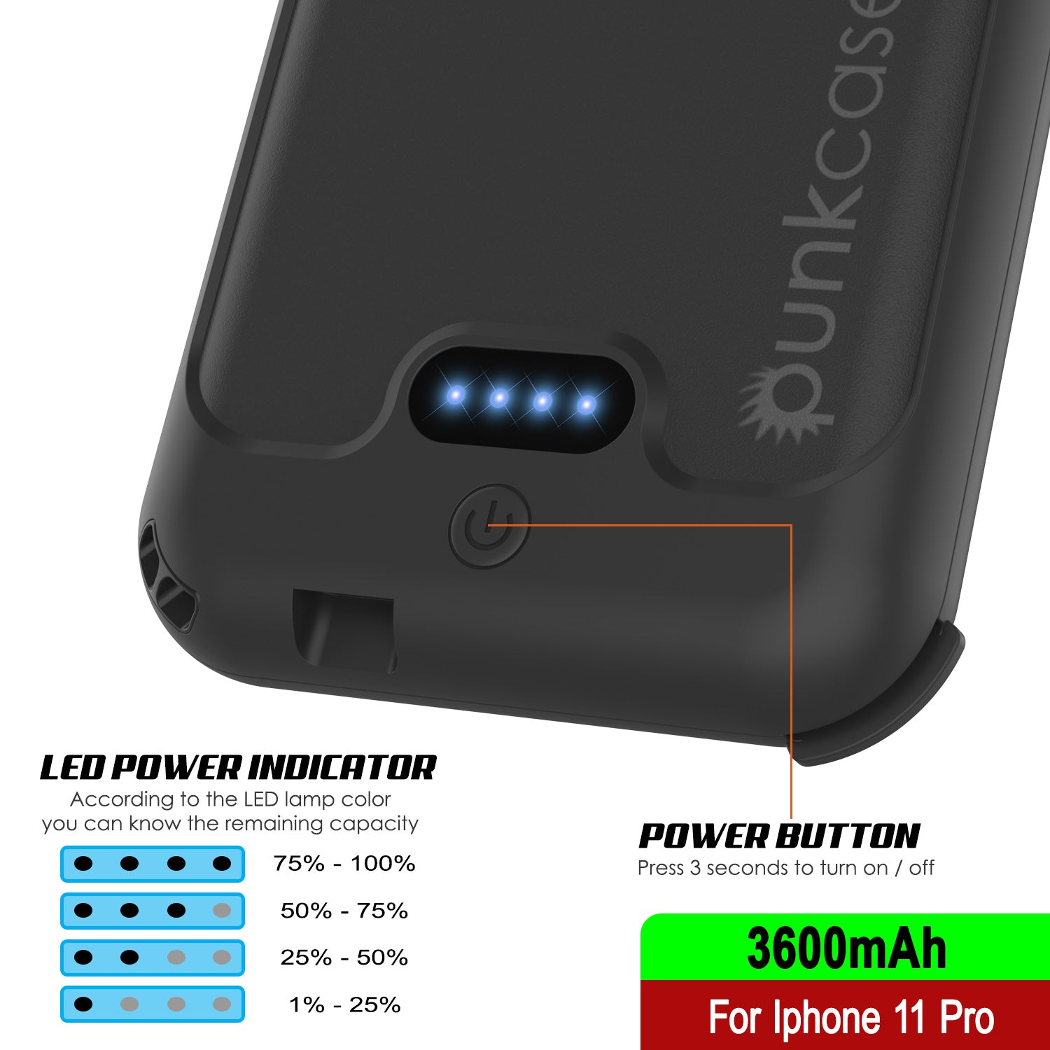 PunkJuice iPhone 11 Pro Battery Case | Waterproof Slim 3600mAh [Black]