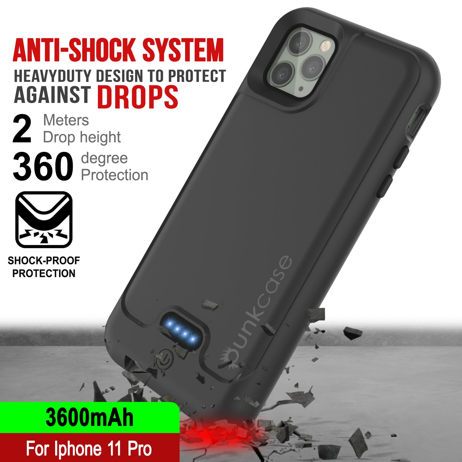 PunkJuice iPhone 11 Pro Battery Case | Waterproof Slim 3600mAh [Black]