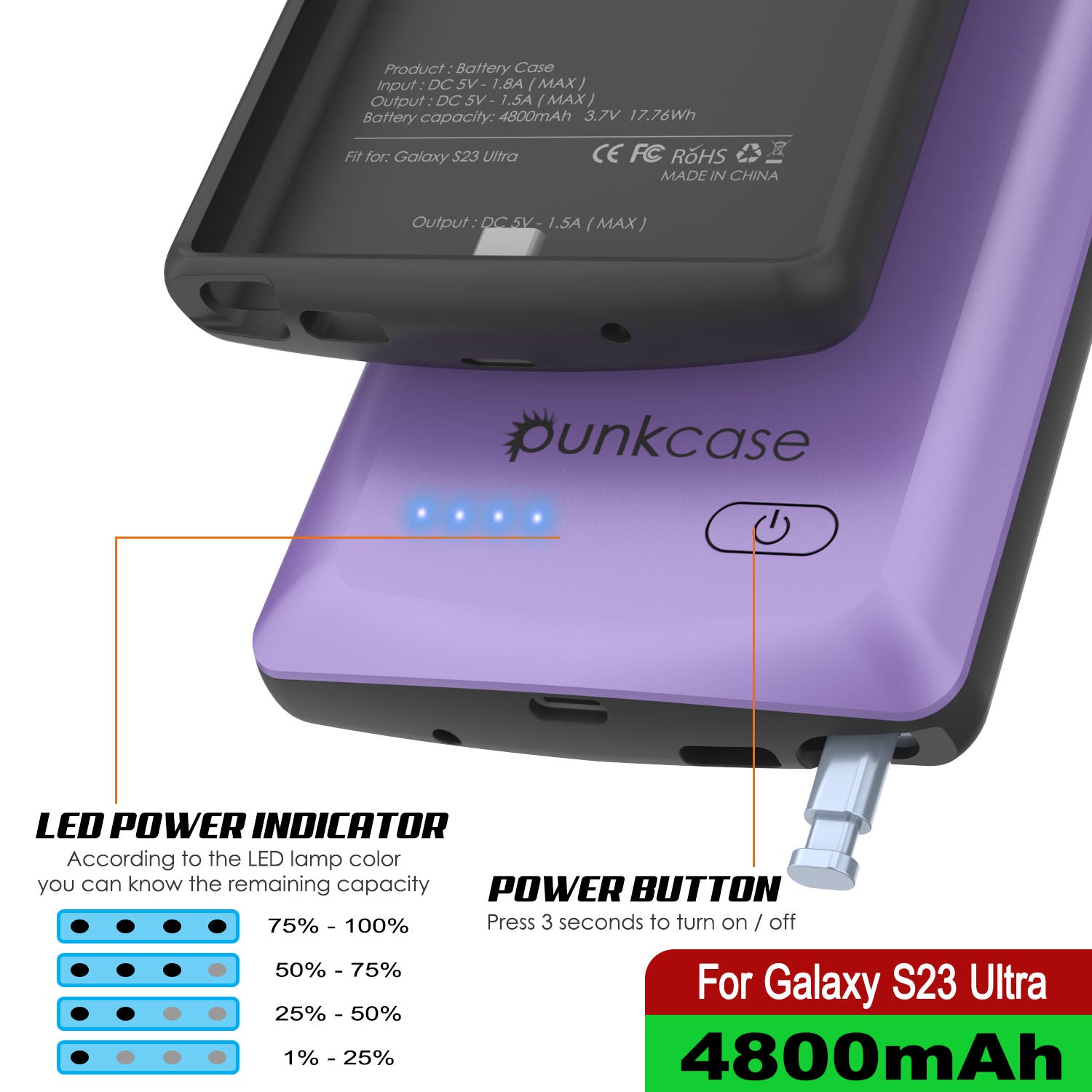 PunkJuice S24 Ultra Battery Case Purple - Portable Charging Power Juice Bank with 4500mAh