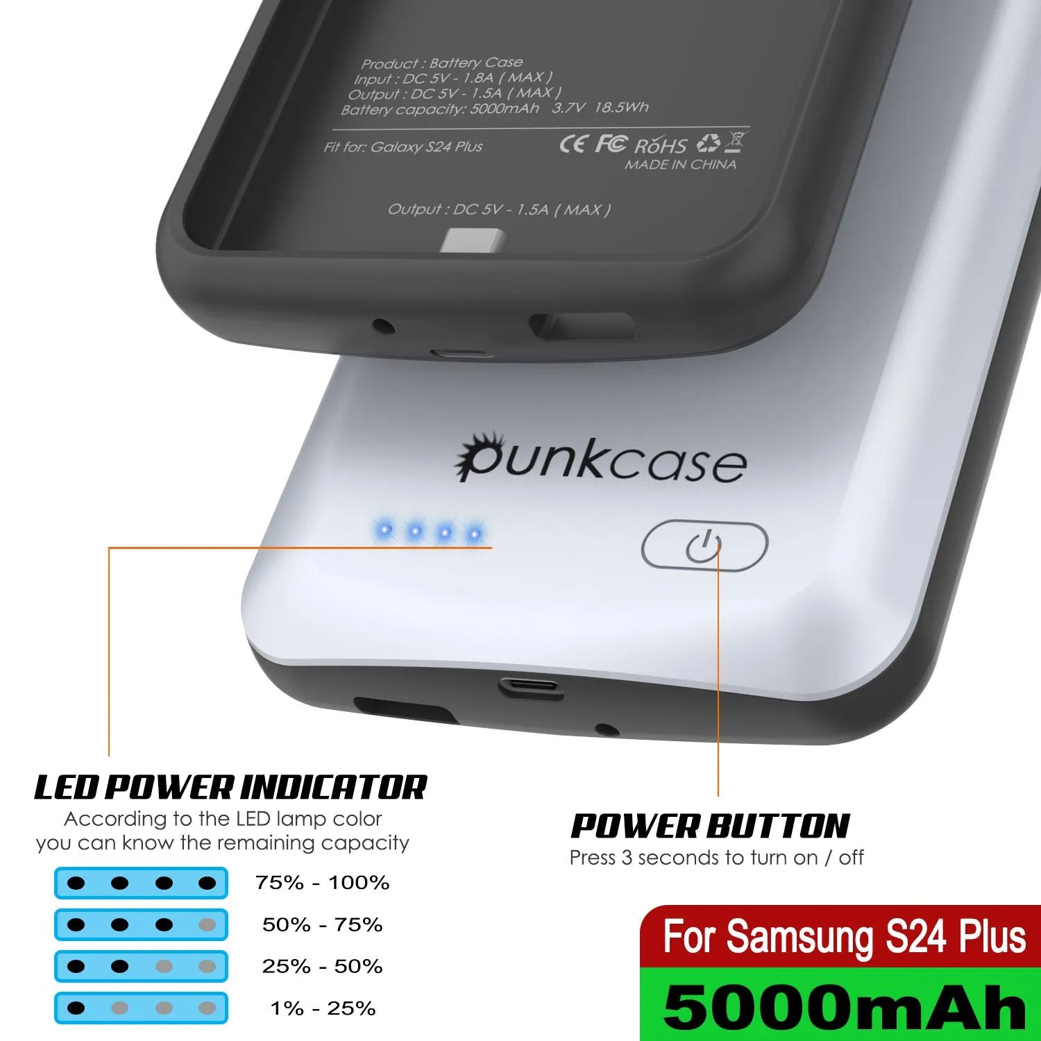 PunkJuice S24+ Plus Battery Case White - Portable Charging Power Juice Bank with 5000mAh