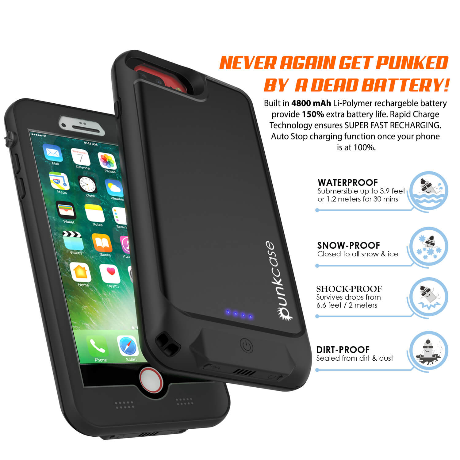 PunkJuice iPhone 7+Plus Battery Case Black - Waterproof Slim Power Juice Bank with 4300mAh