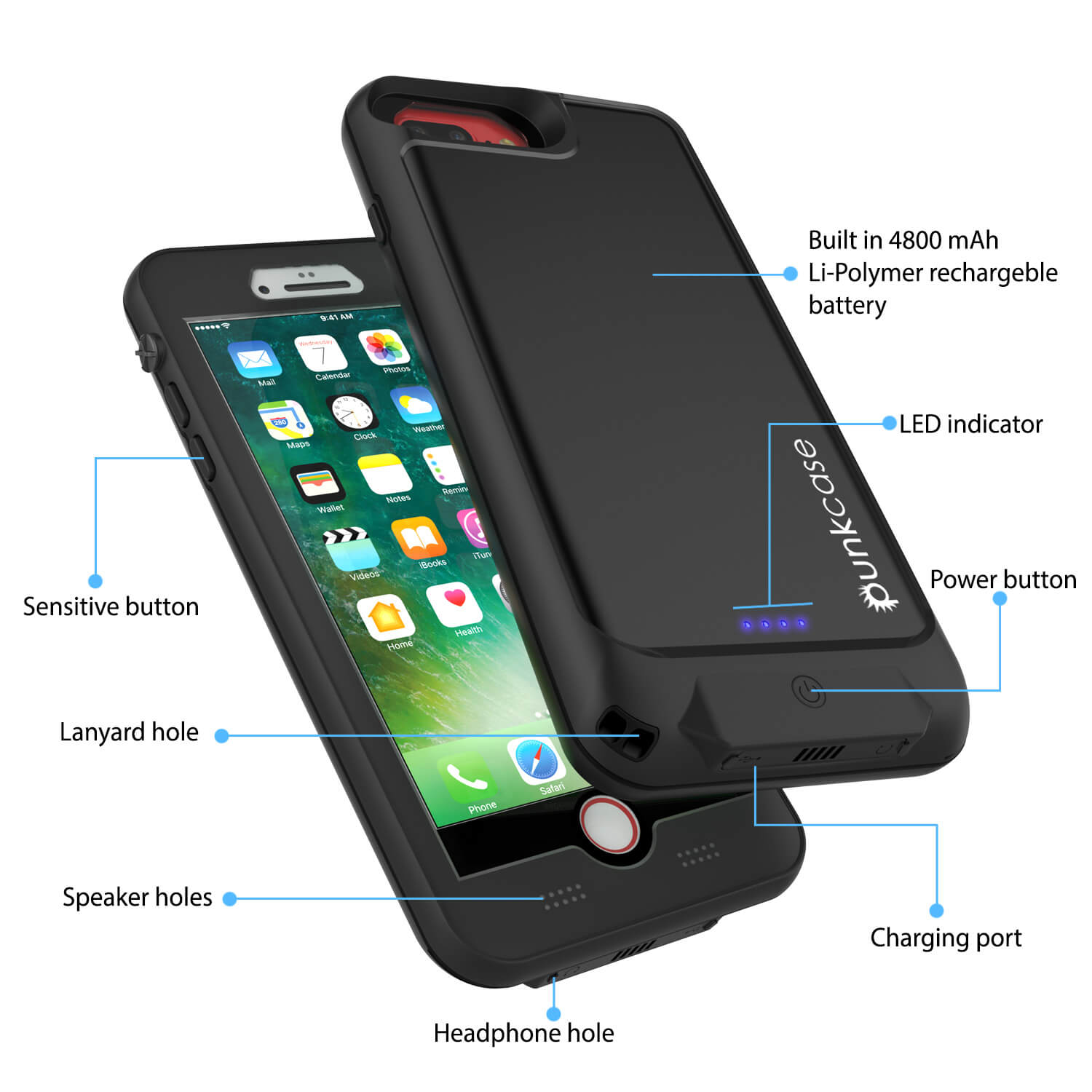 PunkJuice iPhone 7+Plus Battery Case Black - Waterproof Slim Power Juice Bank with 4300mAh