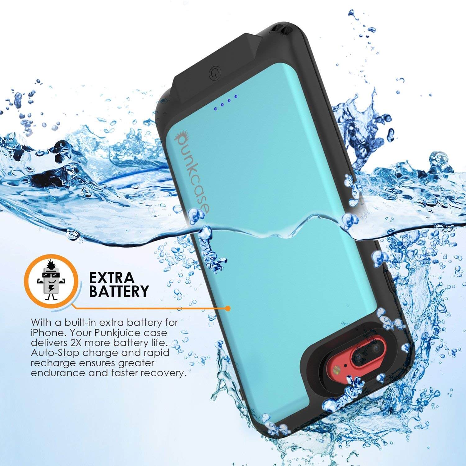 PunkJuice iPhone 7+Plus Battery Case Teal - Waterproof Slim Power Juice Bank with 4300mAh