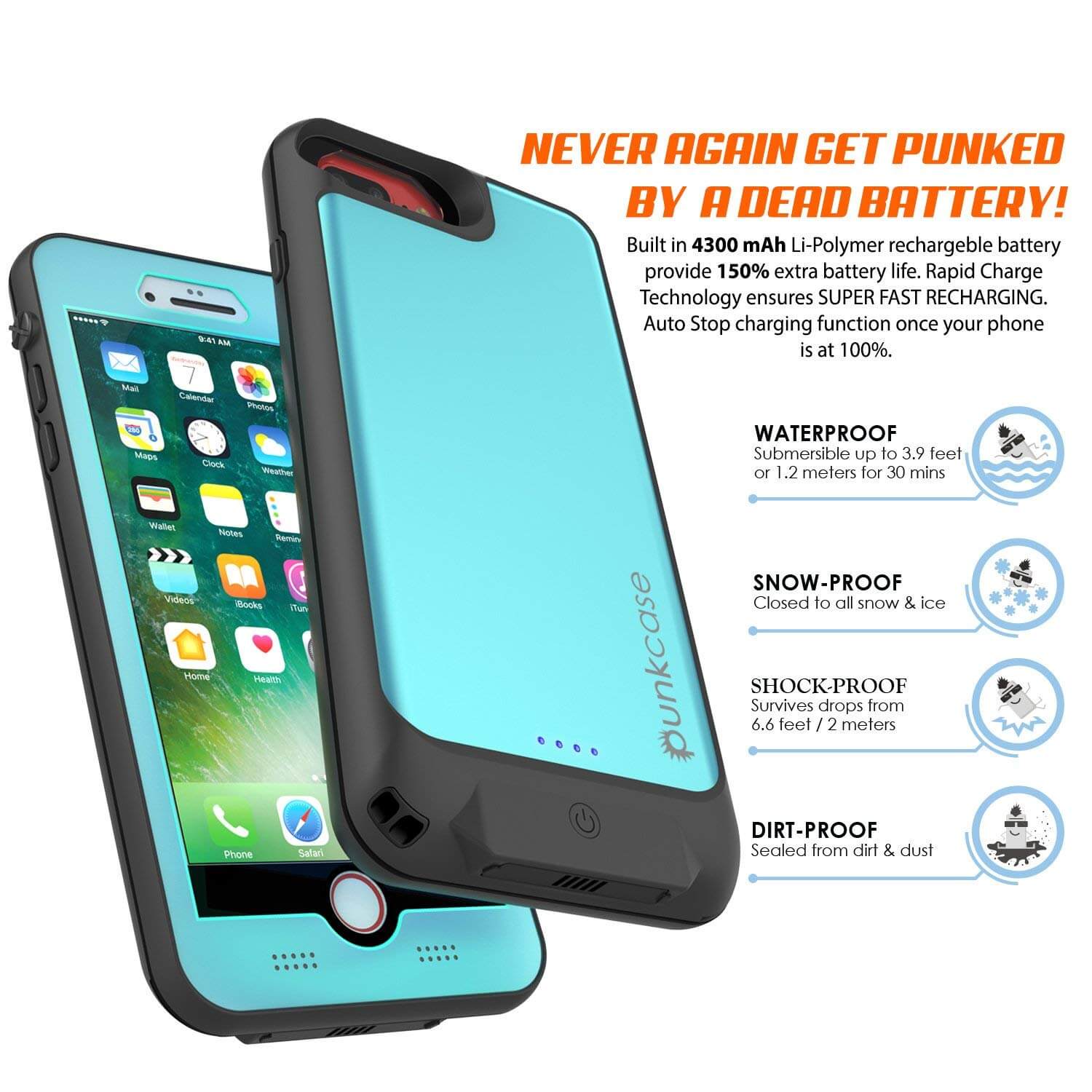 PunkJuice iPhone 7+Plus Battery Case Teal - Waterproof Slim Power Juice Bank with 4300mAh