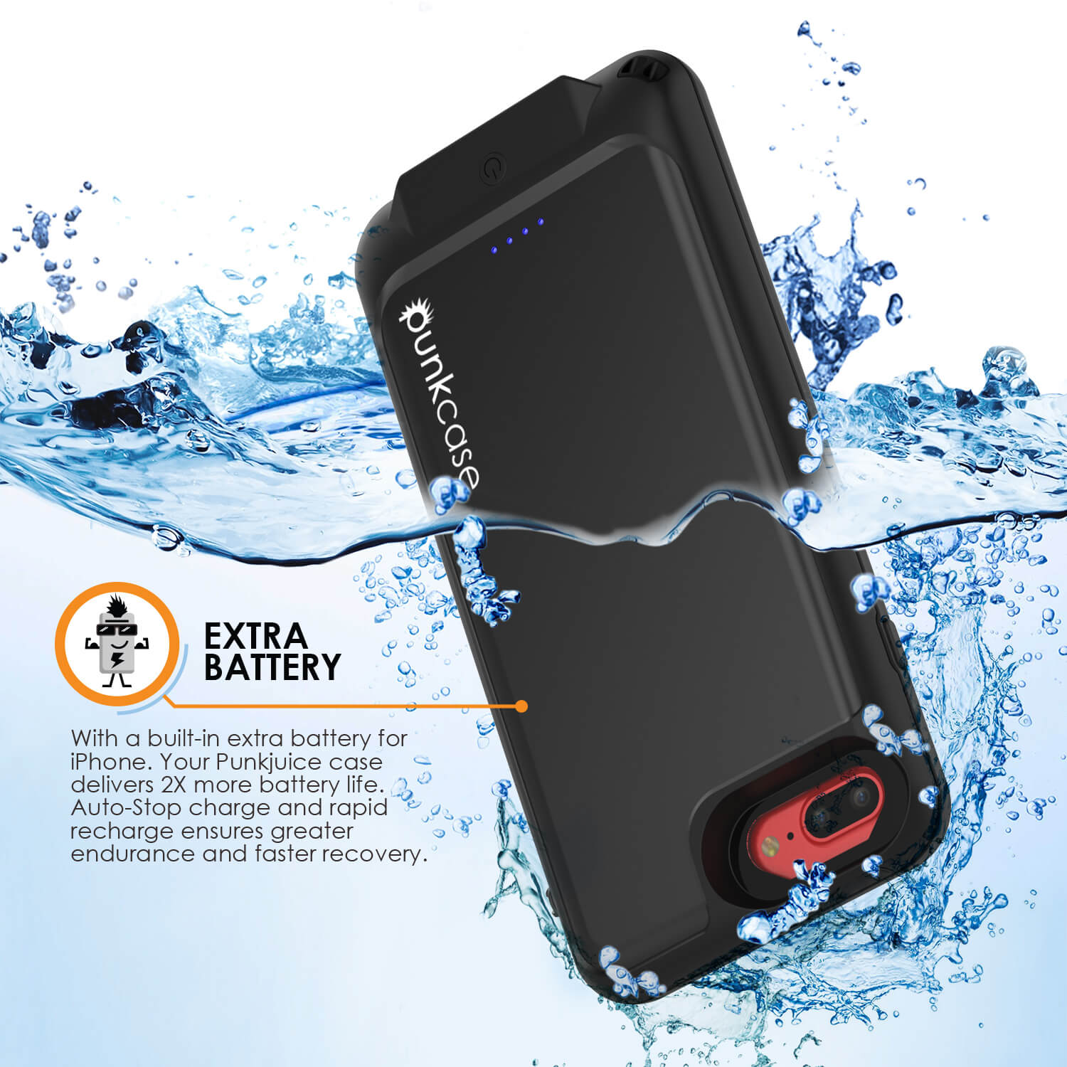 PunkJuice iPhone 8+/7+Plus Battery Case Black - Waterproof Slim Power Juice Bank with 4300mAh