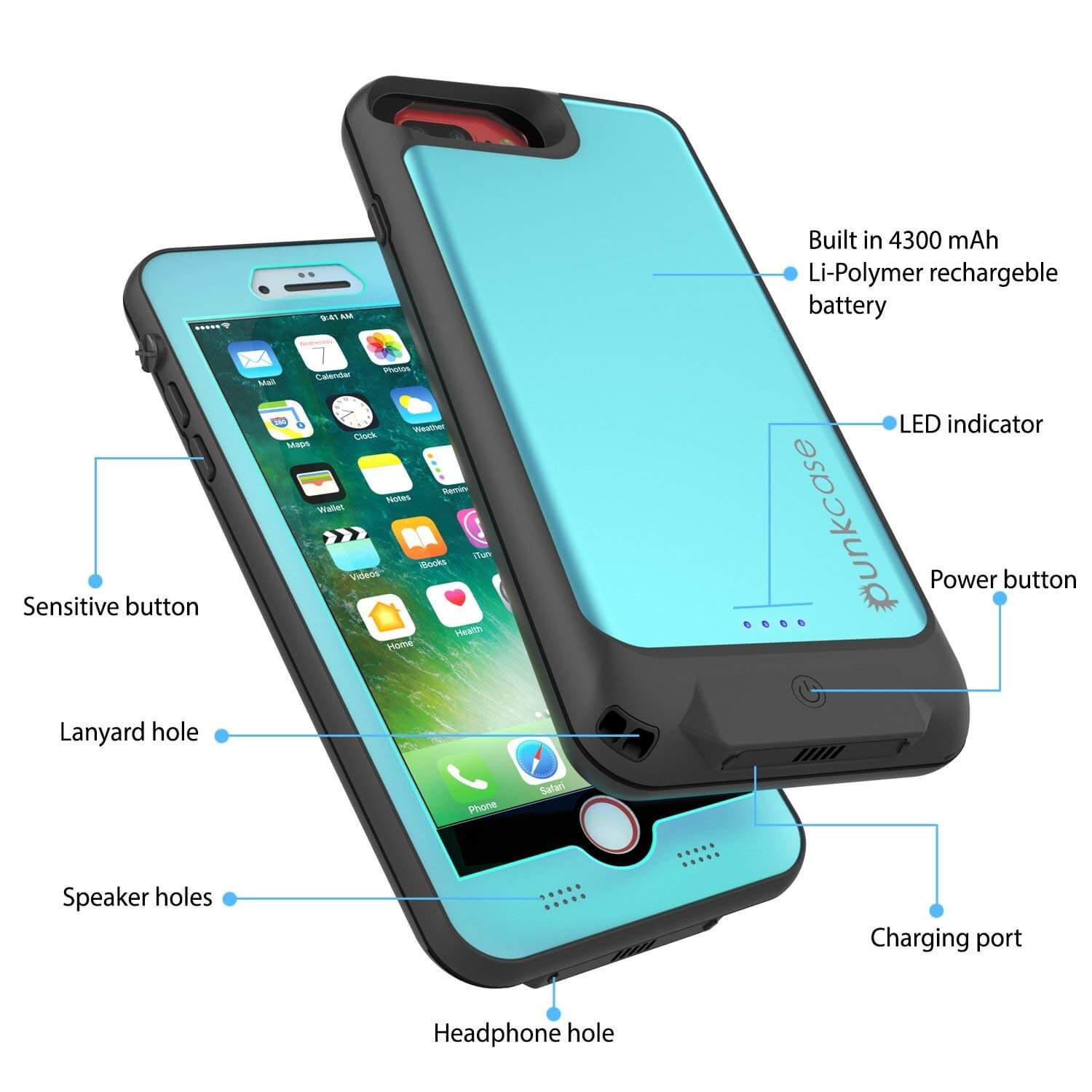 PunkJuice iPhone 8+/7+ Plus Battery Case Teal - Waterproof Slim Power Juice Bank with 4300mAh