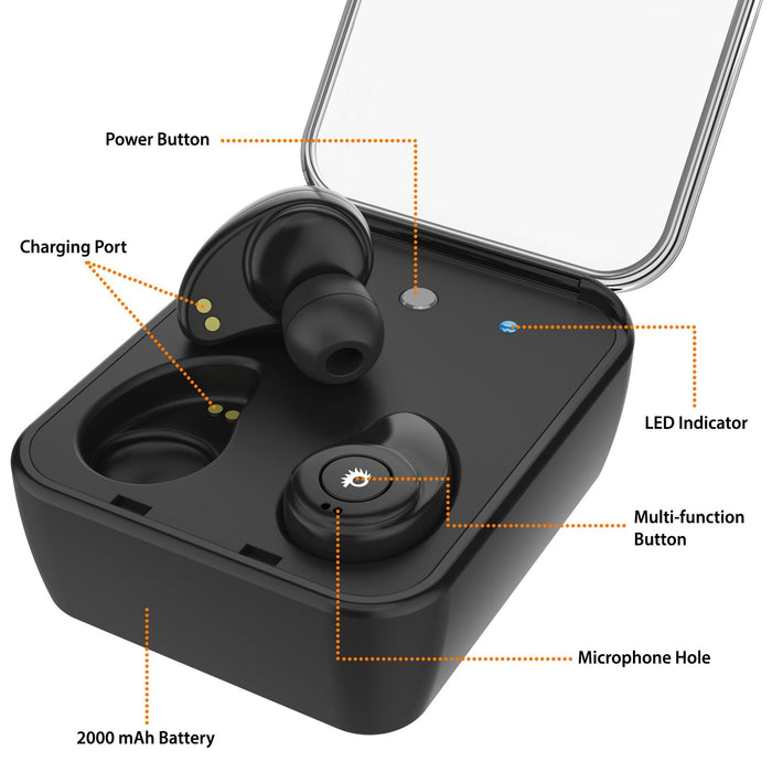 PunkBuds True Wireless Earbuds, Mini Bluetooth Headphones W/ Charging Case & Built-In Noise Cancelling Mic. [Black]