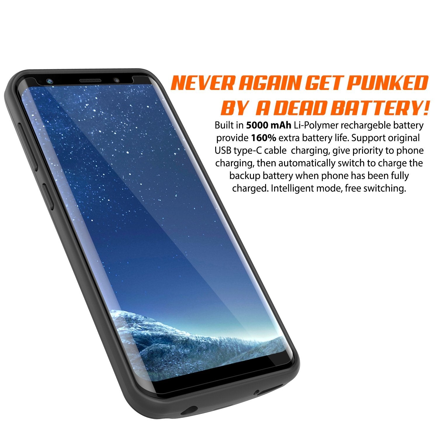 Galaxy S8 PLUS Battery Case, Punkcase 5500mAH Charger Case W/ Screen Protector | Integrated Kickstand & USB Port | IntelSwitch [Black] 