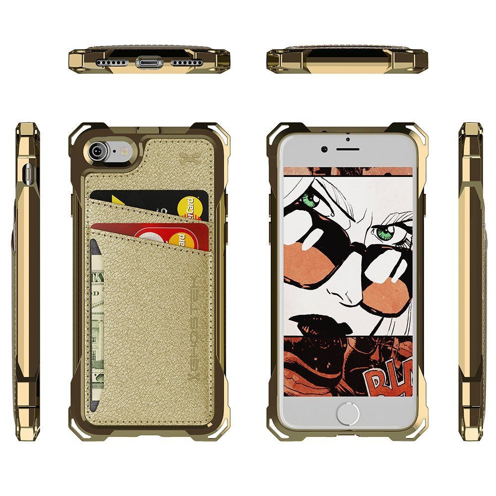 iPhone 7 Wallet Case, Ghostek Exec Gold Series | Slim Armor Hybrid Impact Bumper | TPU PU Leather Credit Card Slot Holder Sleeve Cover (Color in image: Brown)