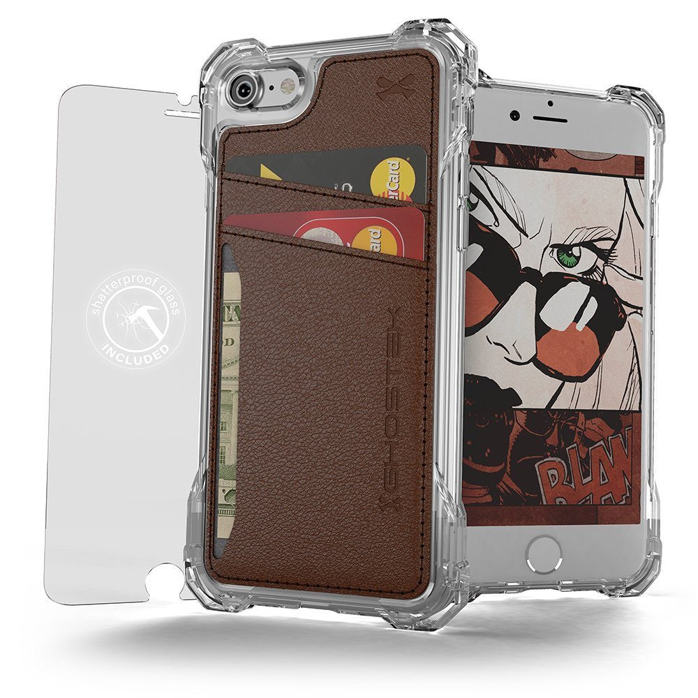 iPhone 7 Wallet Case, Ghostek Exec Brown Series | Slim Armor Hybrid Impact Bumper | TPU PU Leather Credit Card Slot Holder Sleeve Cover