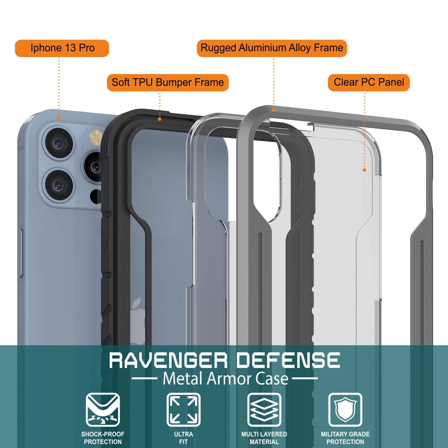 Punkcase iPhone 13 Pro ravenger Case Protective Military Grade Multilayer Cover [Grey-Black]